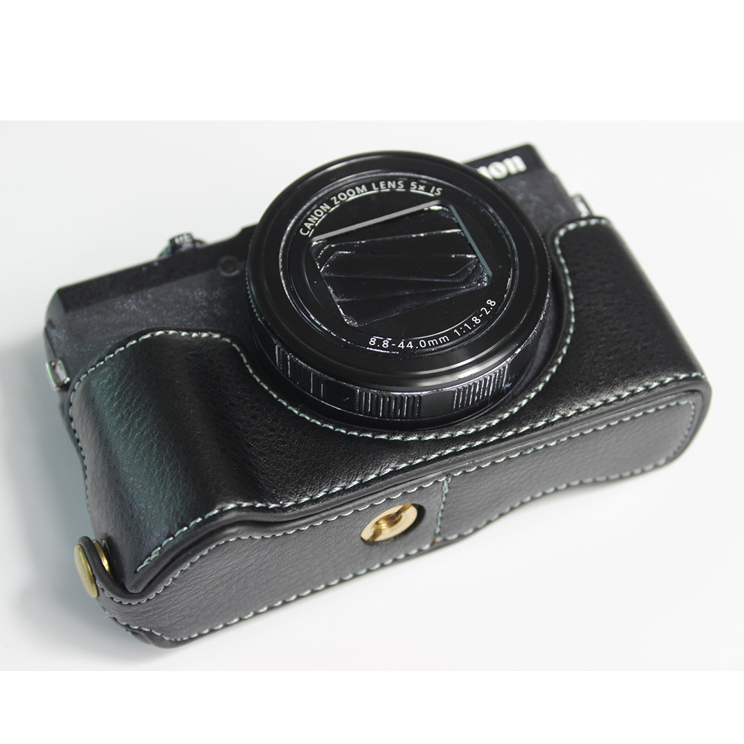 Genuine Leather Half Camera Case Bag Cover Protector for Canon PowerShot G5 X Mark II - Black