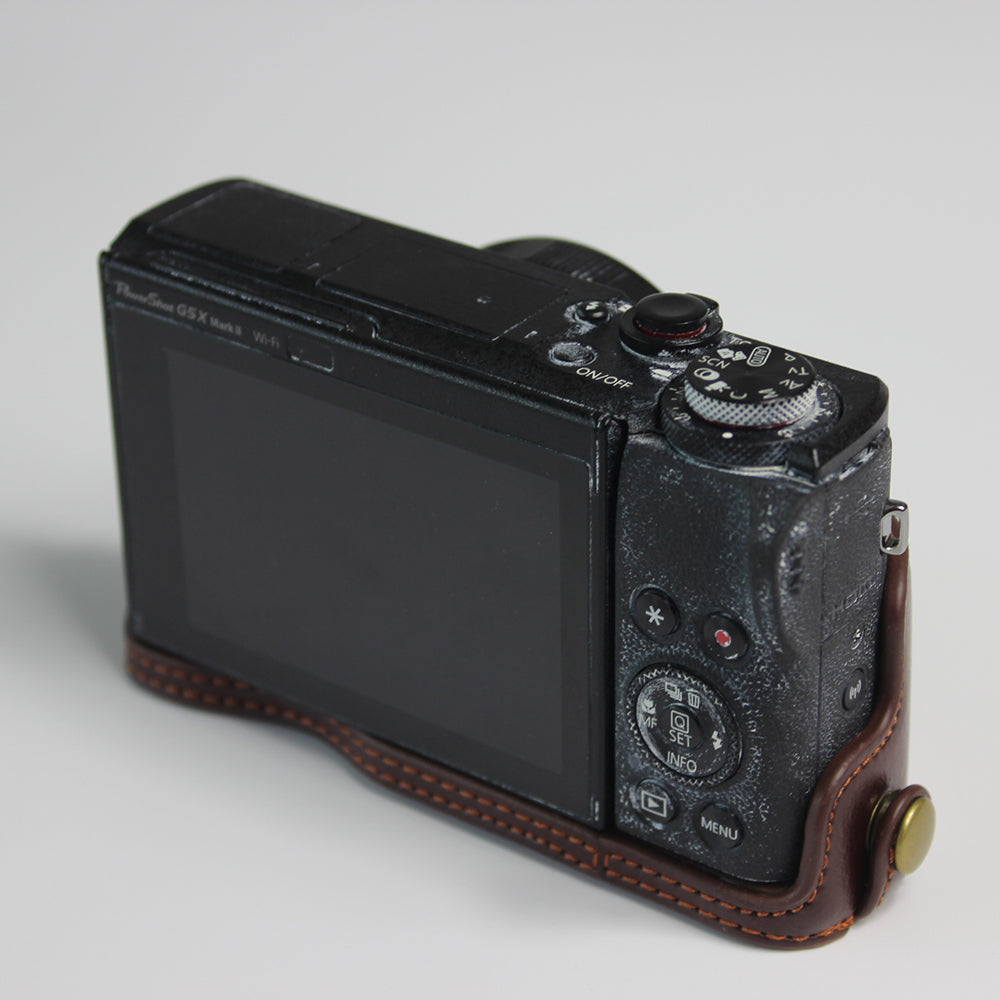 Genuine Leather Half Camera Case Bag Cover Protector for Canon PowerShot G5 X Mark II - Coffee