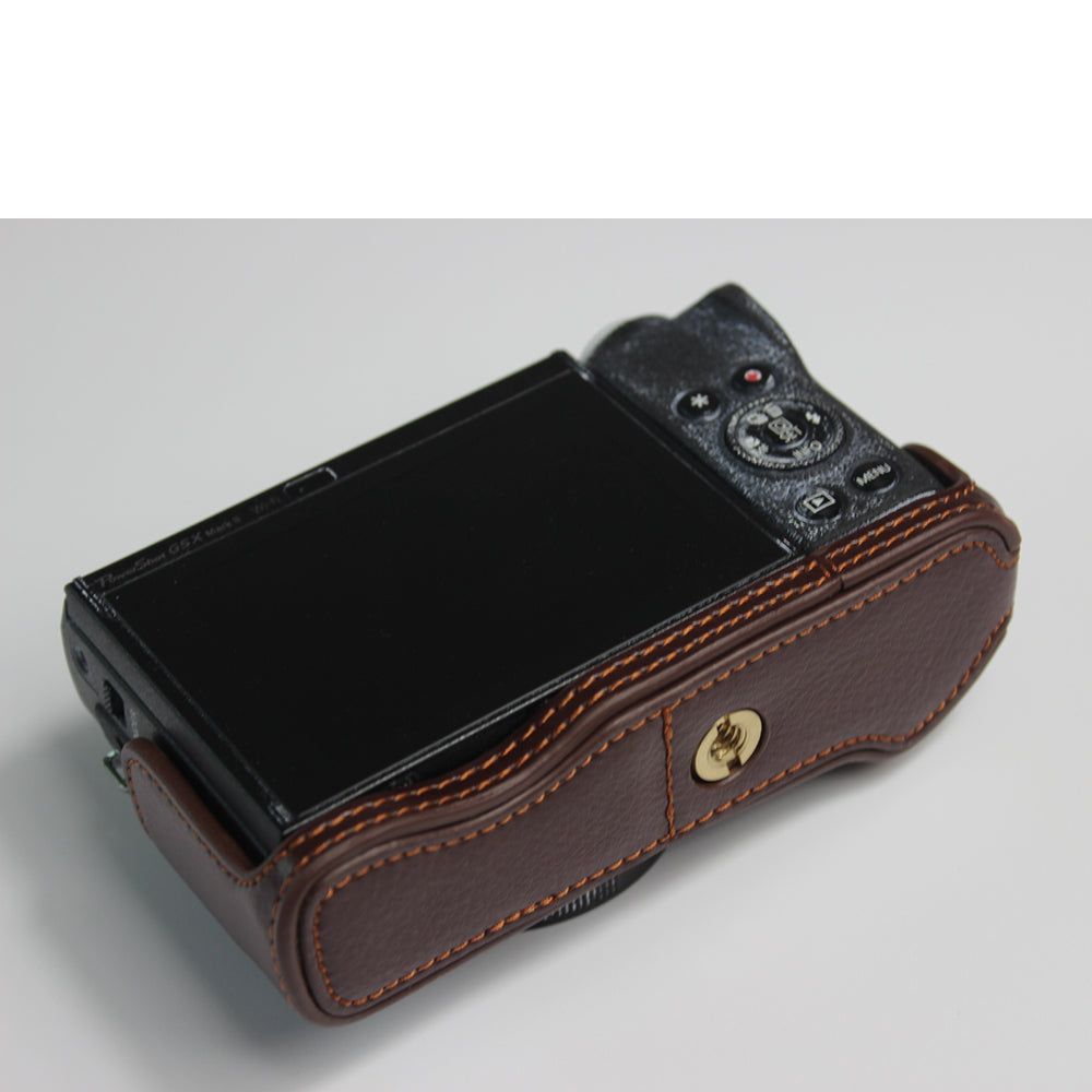 Genuine Leather Half Camera Case Bag Cover Protector for Canon PowerShot G5 X Mark II - Coffee