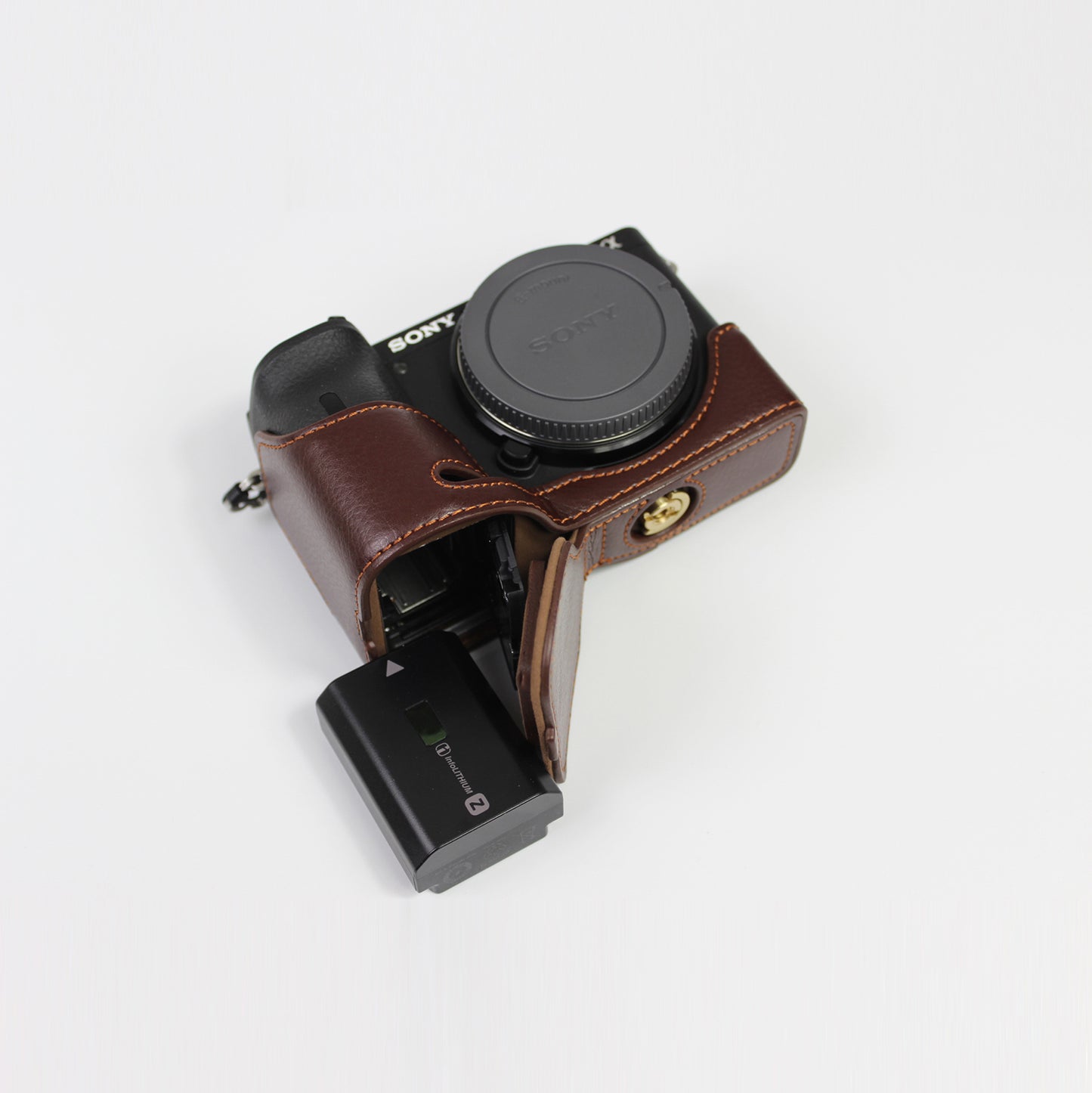 Genuine Leather Camera Protection Base Protection Semi-Case for Sony A6600 - Coffee