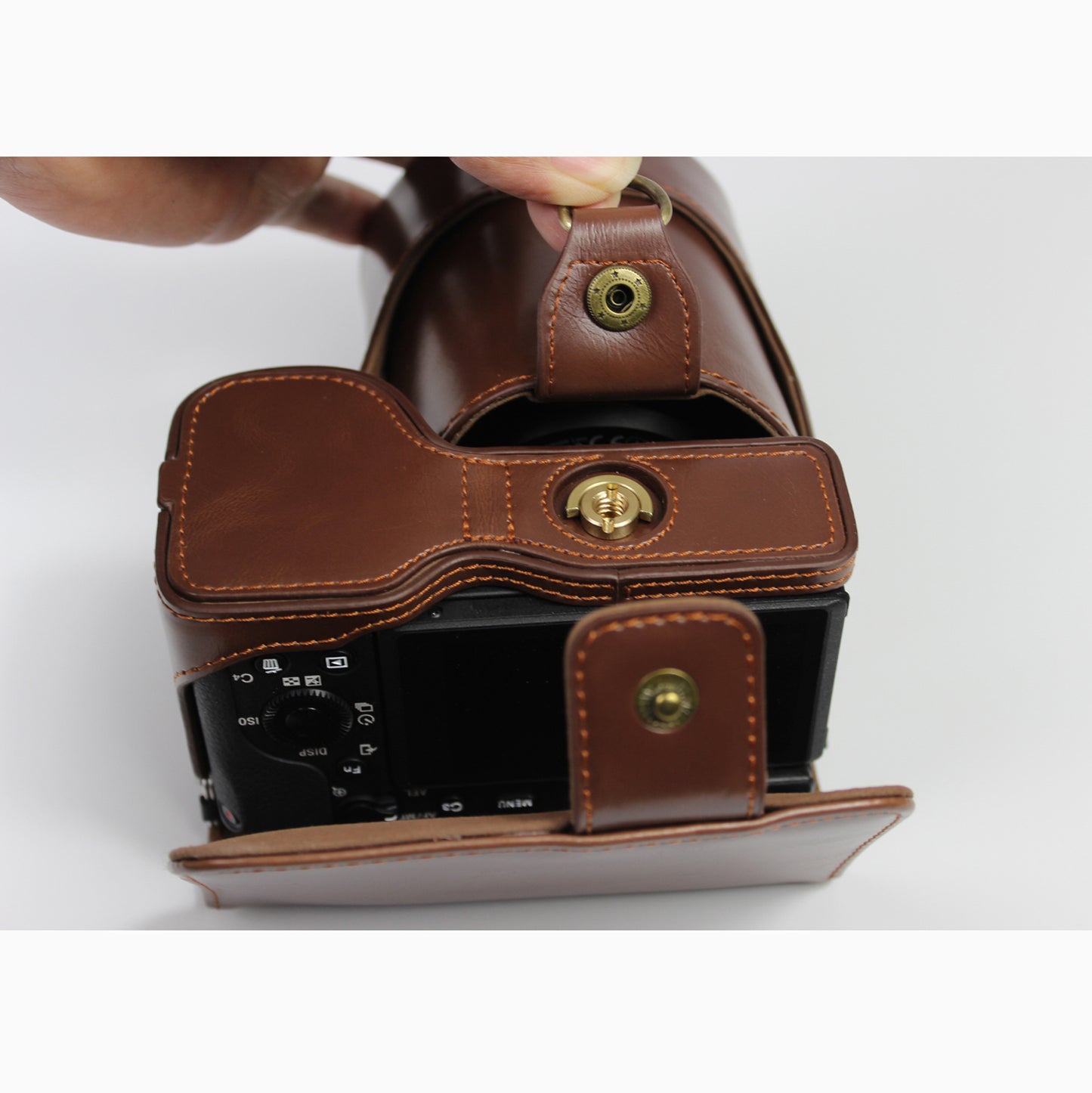 PU Leather Camera Case Bag with Shoulder Strap Lens Storage Cover for Sony Alpha A6600 - Coffee