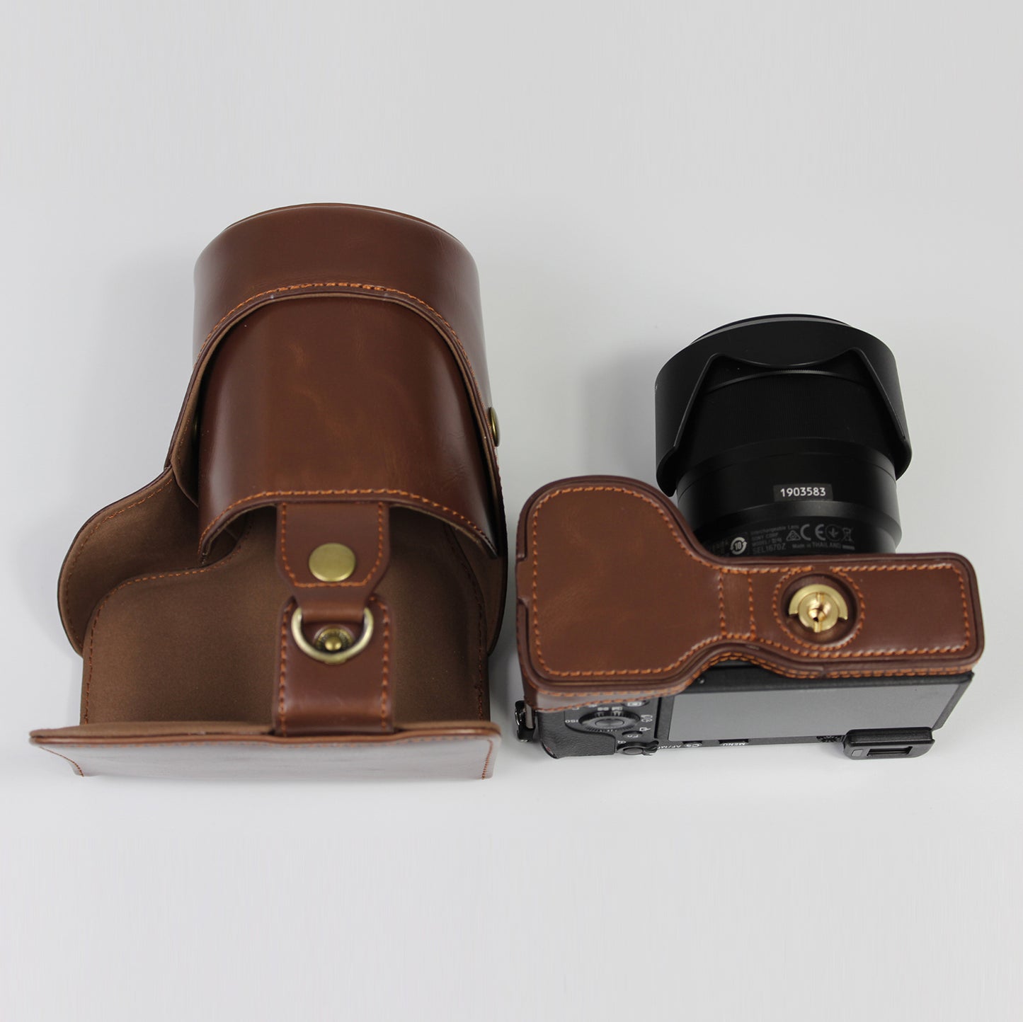 PU Leather Camera Case Bag with Shoulder Strap Lens Storage Cover for Sony Alpha A6600 - Coffee