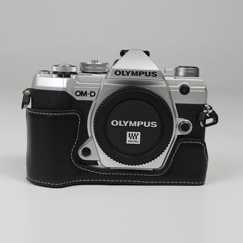 Genuine Leather Half Bottom Camera Protective Case Bag for for Olympus E-M5 Mark III - Black