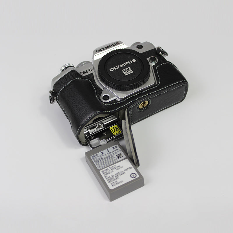 Genuine Leather Half Bottom Camera Protective Case Bag for for Olympus E-M5 Mark III - Black