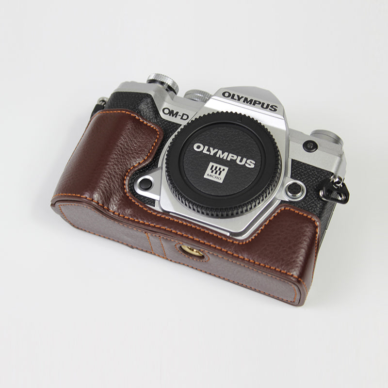 Genuine Leather Half Bottom Camera Protective Case Bag for for Olympus E-M5 Mark III - Brown