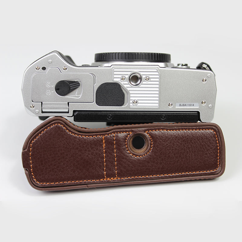 Genuine Leather Half Bottom Camera Protective Case Bag for for Olympus E-M5 Mark III - Brown