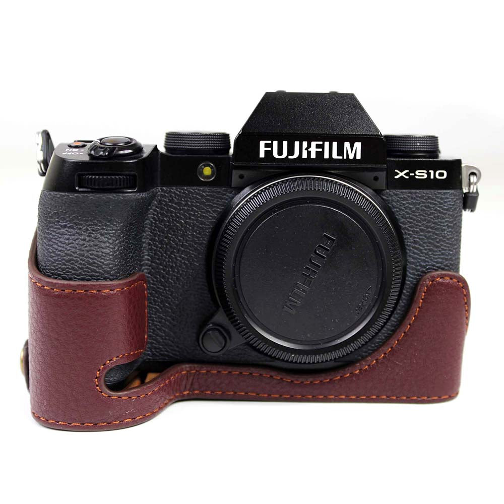 Genuine Leather Camera Half Cover Case for Fujifilm Fuji X-S10 - Coffee