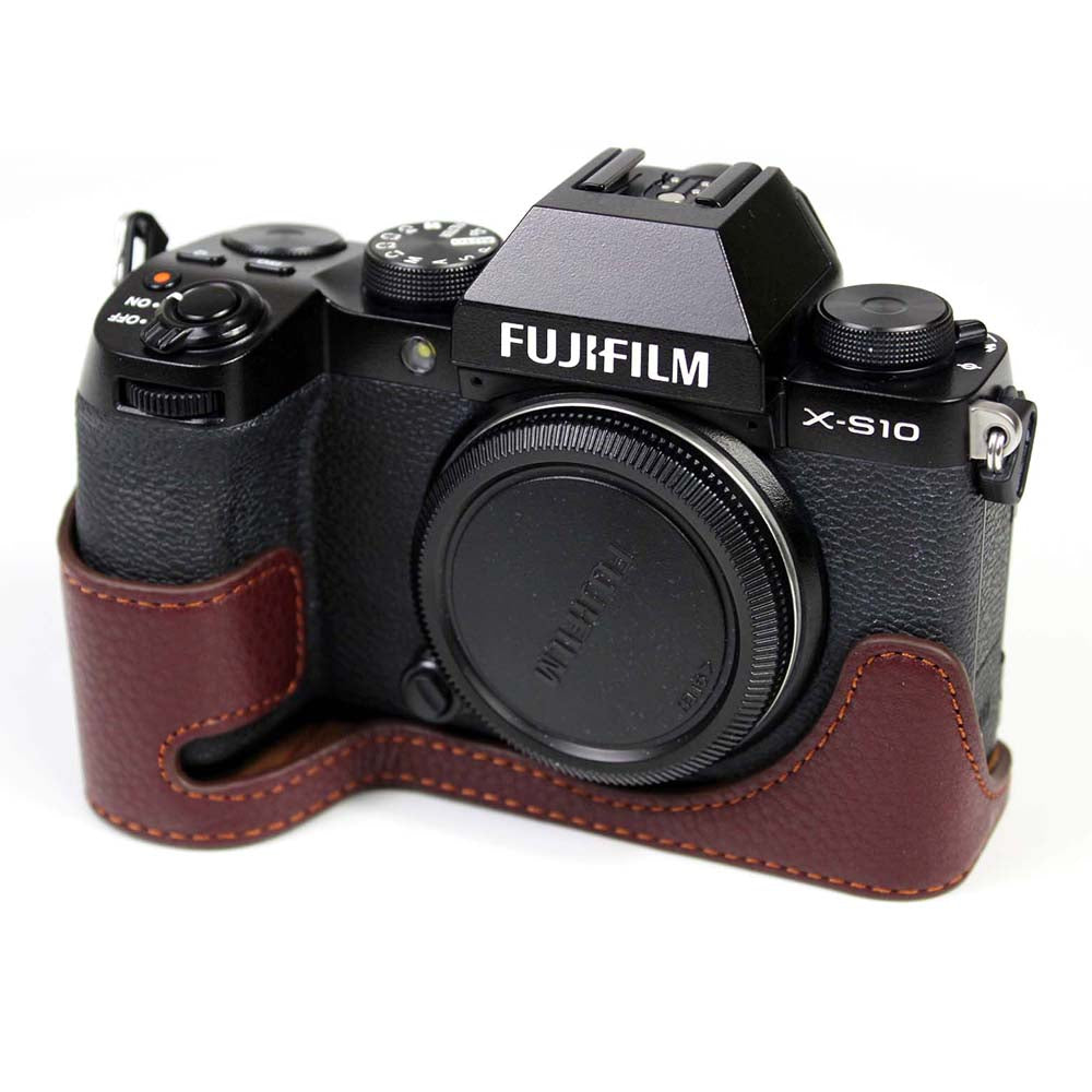 Genuine Leather Camera Half Cover Case for Fujifilm Fuji X-S10 - Coffee