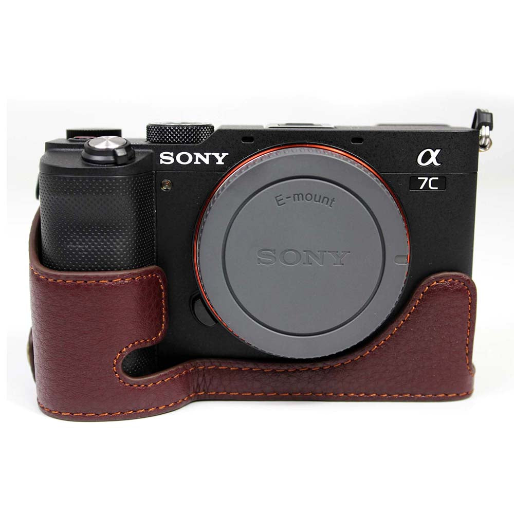 Genuine Leather Camera Half Cover Case for Sony A7C Camera - Coffee