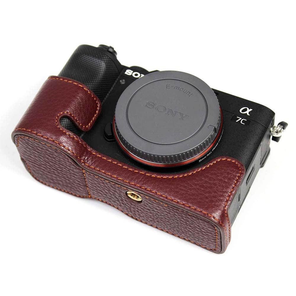 Genuine Leather Camera Half Cover Case for Sony A7C Camera - Coffee
