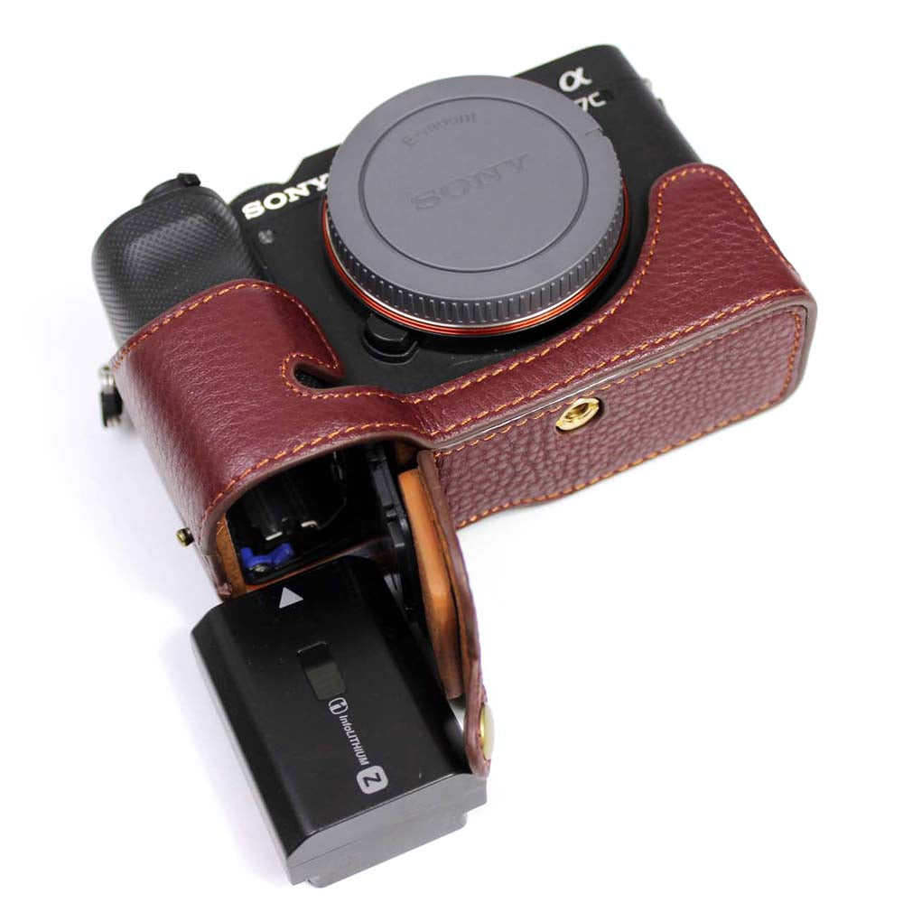 Genuine Leather Camera Half Cover Case for Sony A7C Camera - Coffee