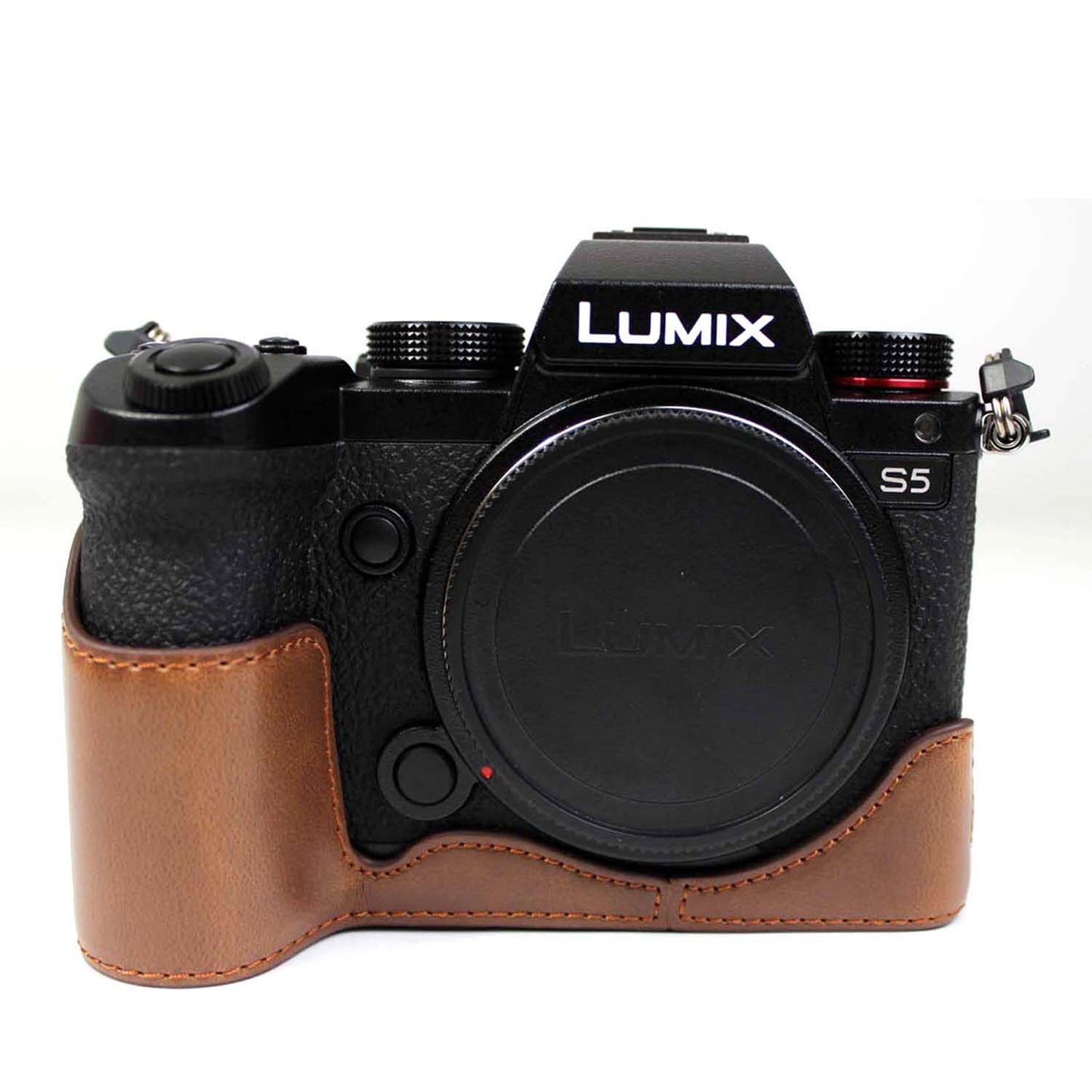 PU Leather Camera Half Case Bottom Cover with Battery Opening for Panasonic Lumix S5 / S5 II - Coffee
