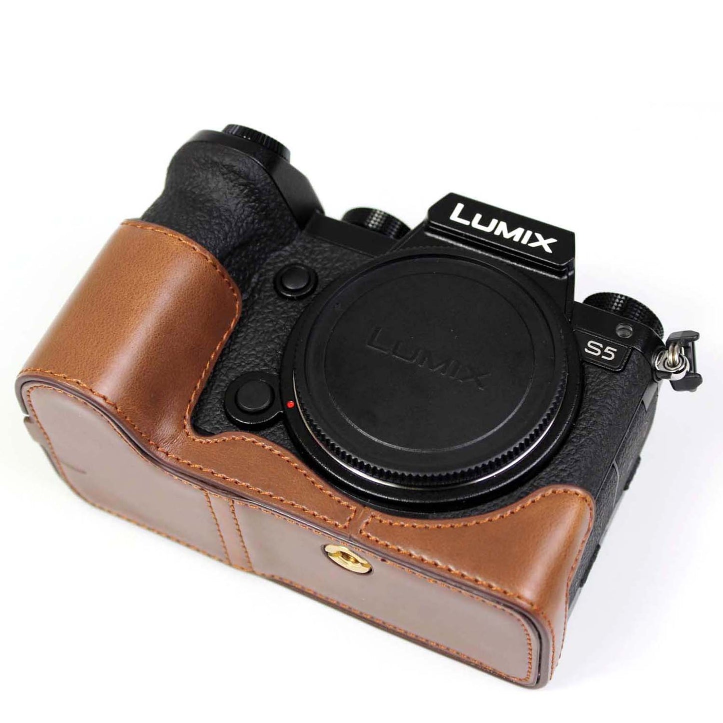 PU Leather Camera Half Case Bottom Cover with Battery Opening for Panasonic Lumix S5 / S5 II - Coffee