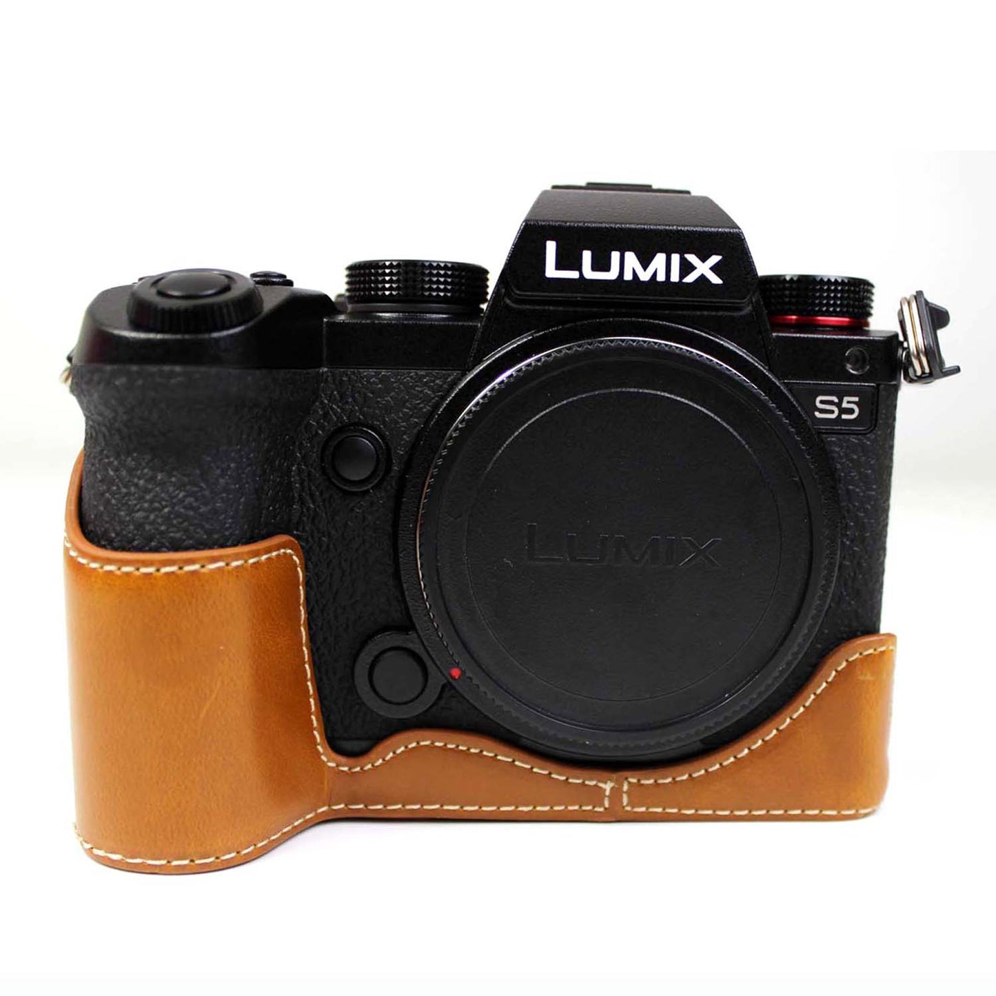 PU Leather Camera Half Case Bottom Cover with Battery Opening for Panasonic Lumix S5 / S5 II - Brown