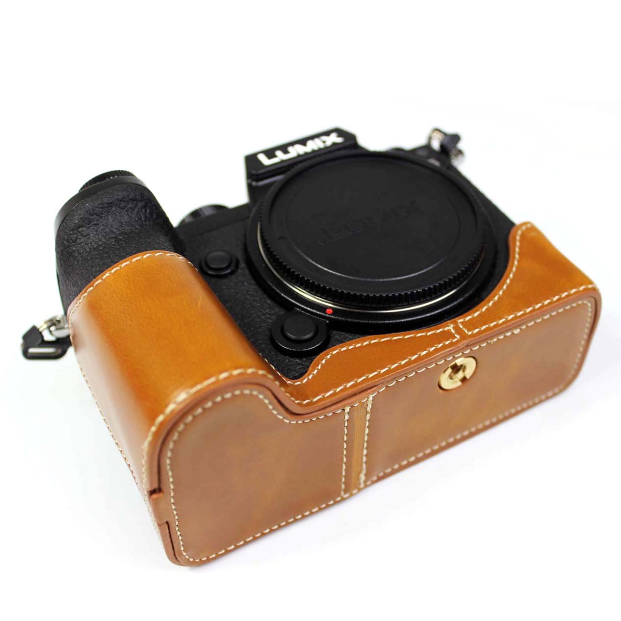PU Leather Camera Half Case Bottom Cover with Battery Opening for Panasonic Lumix S5 / S5 II - Brown
