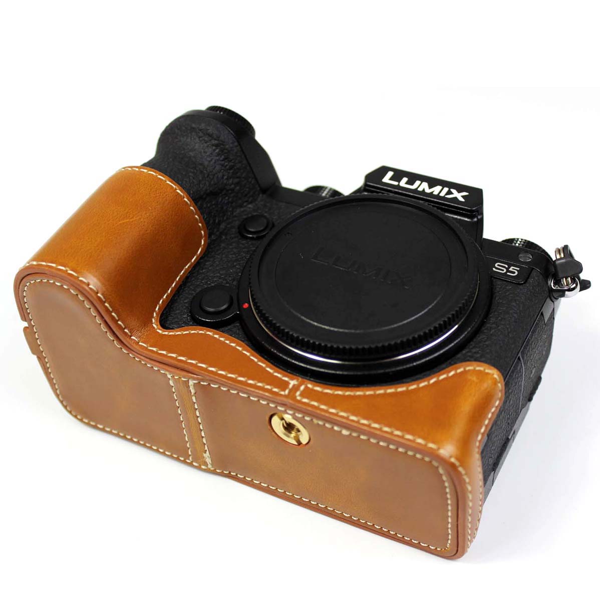 PU Leather Camera Half Case Bottom Cover with Battery Opening for Panasonic Lumix S5 / S5 II - Brown