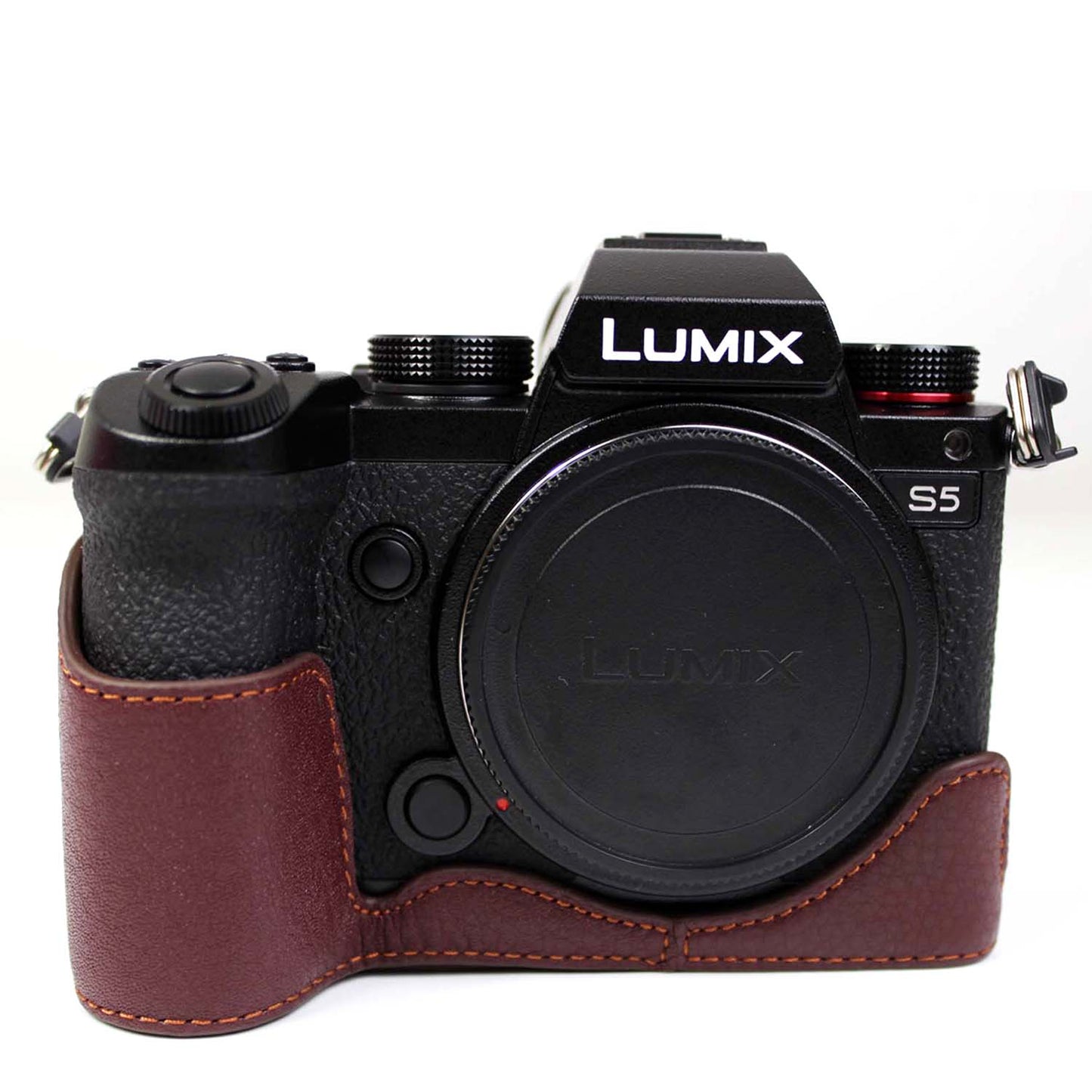 Genuine Leather Camera Protective Half Case Bottom Cover with Battery Opening for Panasonic Lumix S5 / S5 II - Coffee