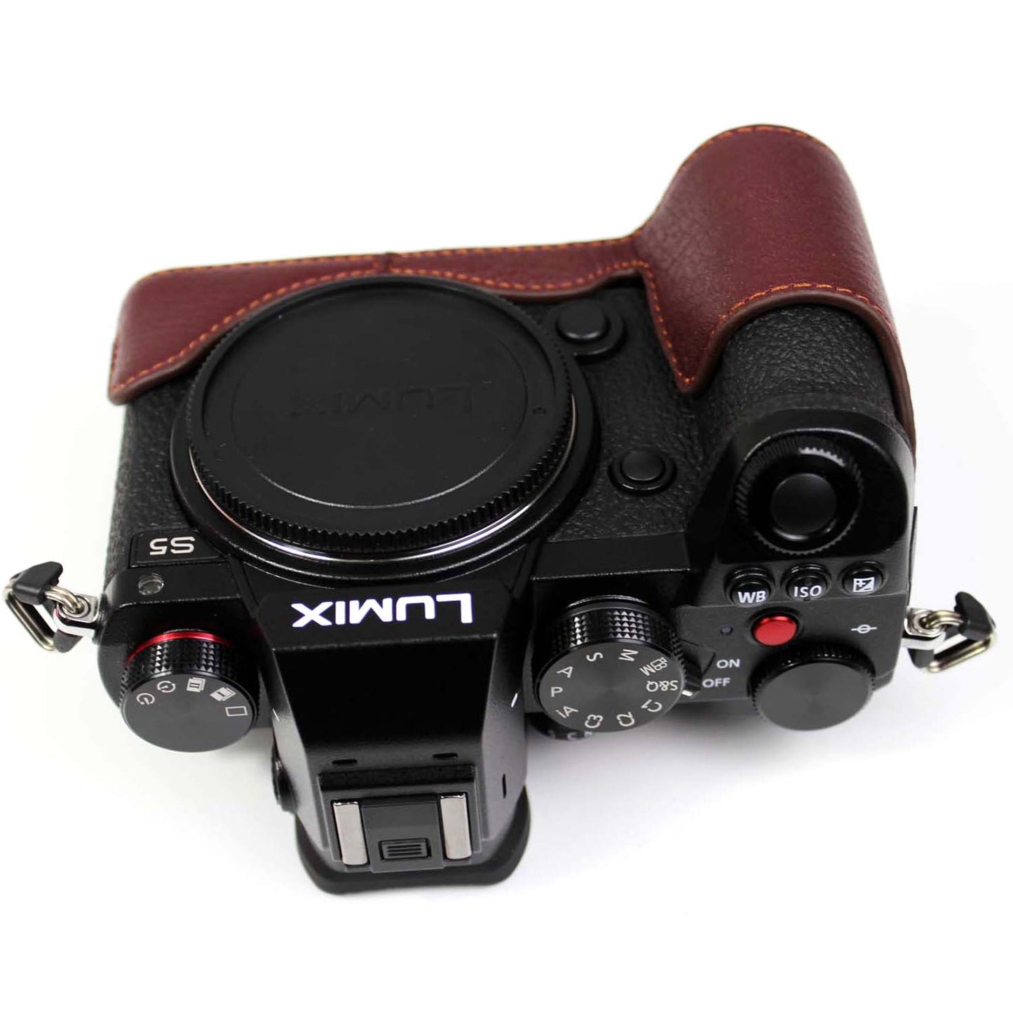 Genuine Leather Camera Protective Half Case Bottom Cover with Battery Opening for Panasonic Lumix S5 / S5 II - Coffee