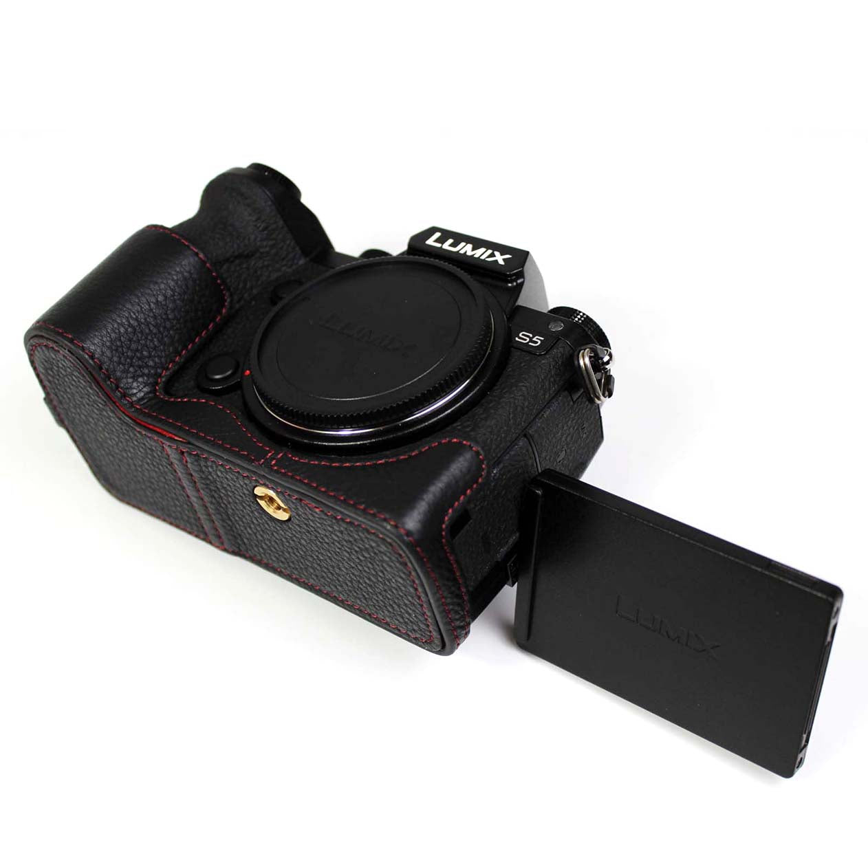 Genuine Leather Camera Protective Half Case Bottom Cover with Battery Opening for Panasonic Lumix S5 / S5 II - Black