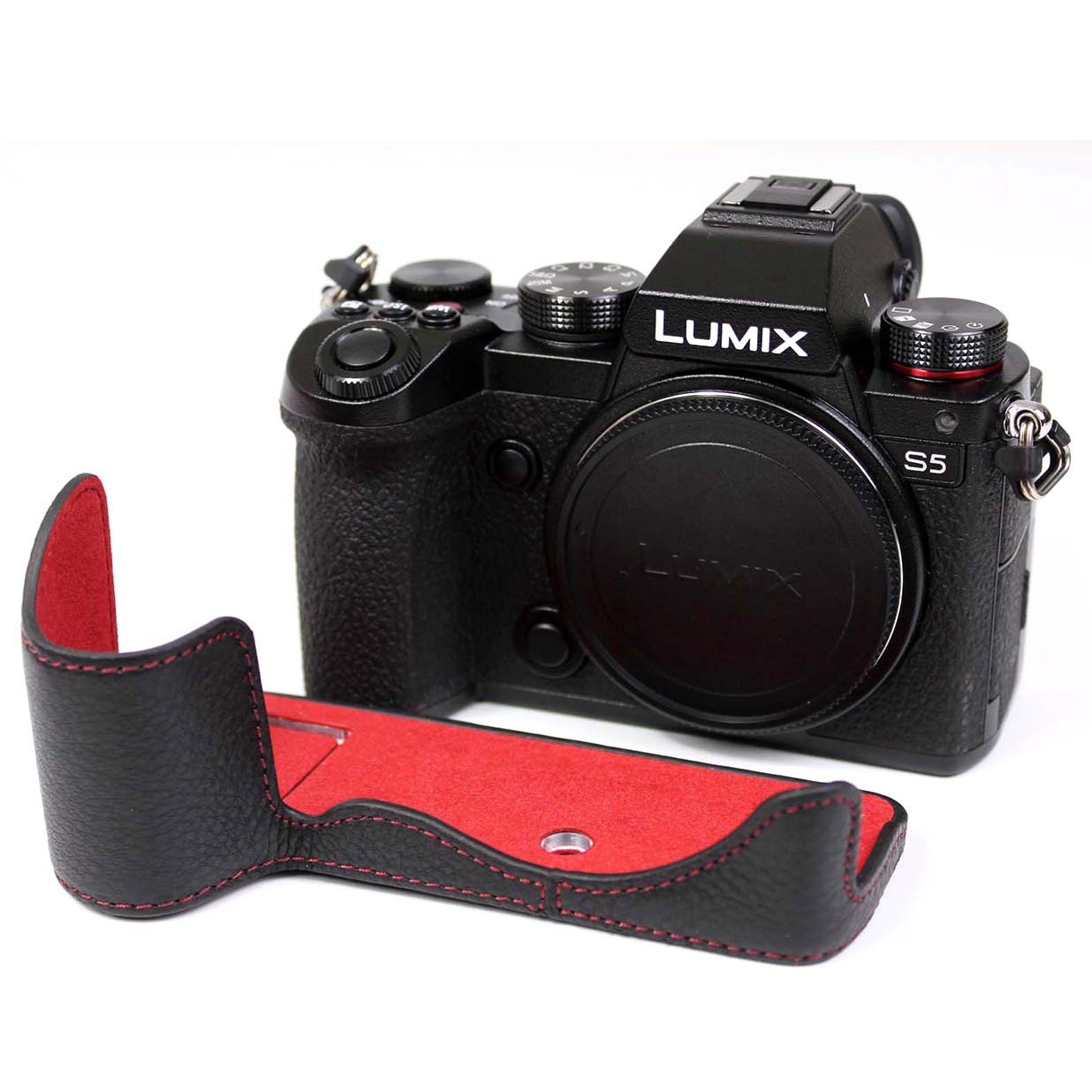 Genuine Leather Camera Protective Half Case Bottom Cover with Battery Opening for Panasonic Lumix S5 / S5 II - Black