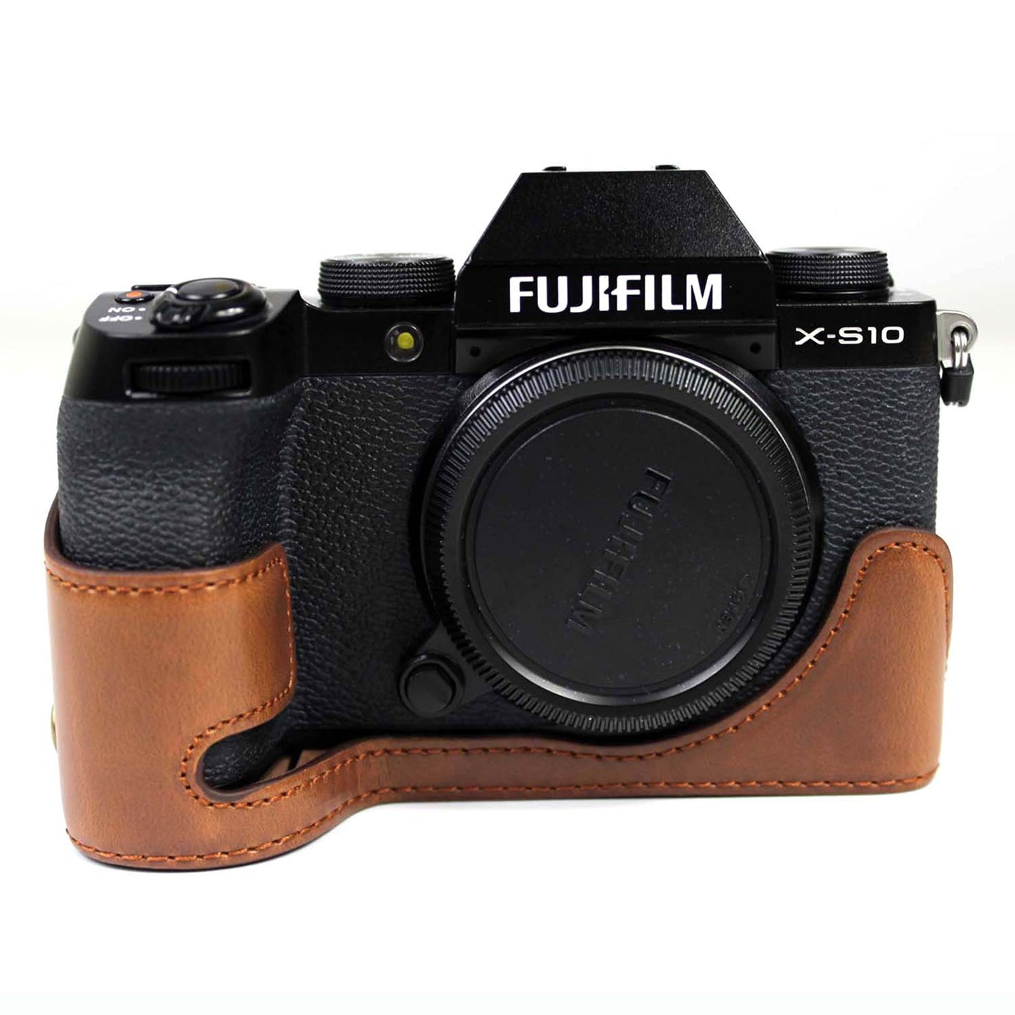 PU Leather Camera Half Case Bottom Cover with Battery Opening for Fujifilm X-S10 - Coffee