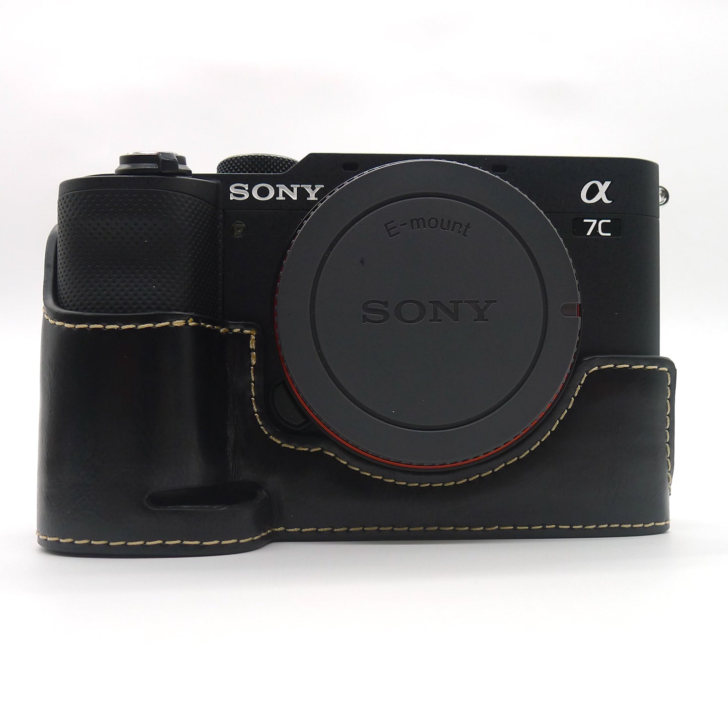 Camera Half Case PU Leather Bottom Protective Cover with Battery Opening for Sony A7C - Black