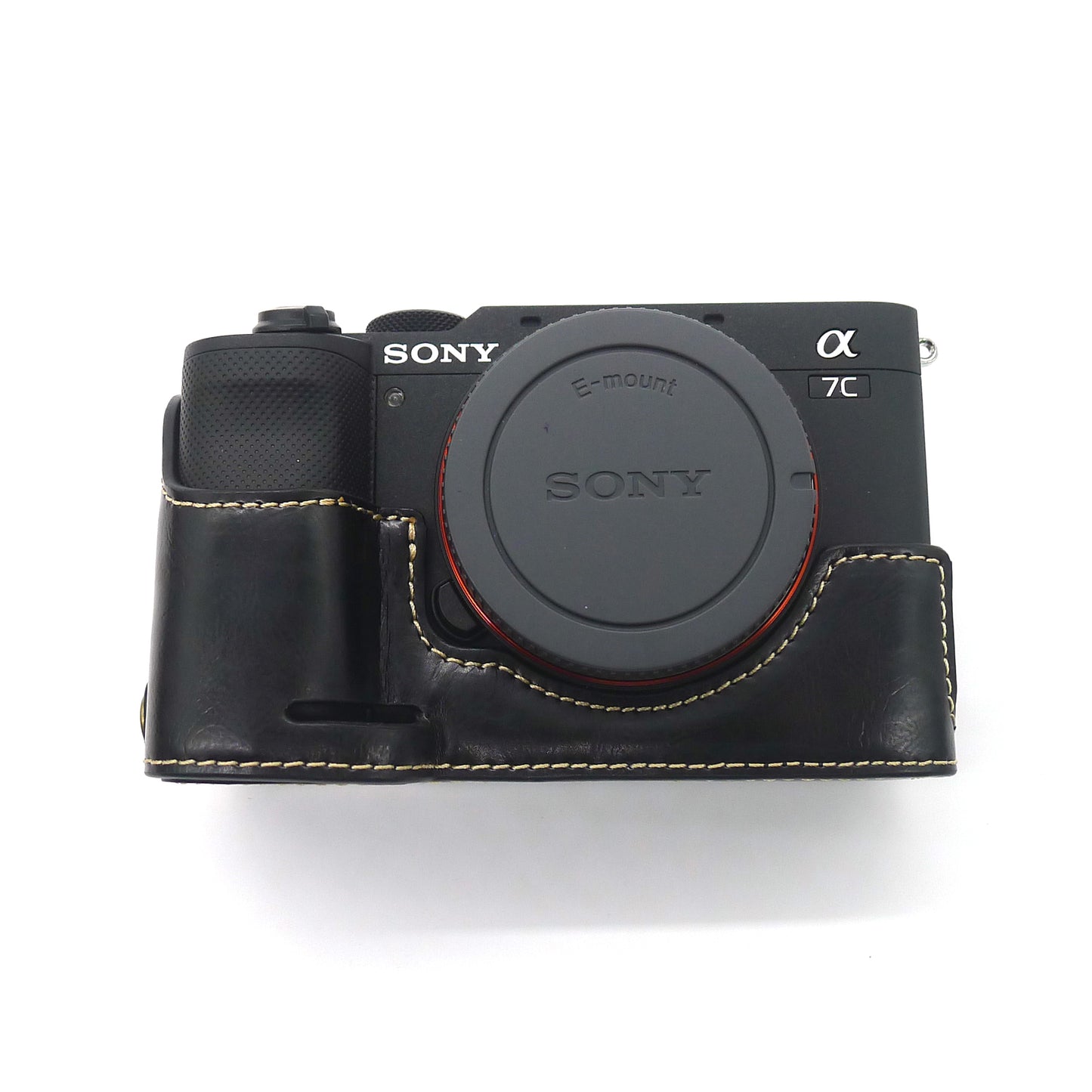 Camera Half Case PU Leather Bottom Protective Cover with Battery Opening for Sony A7C - Black