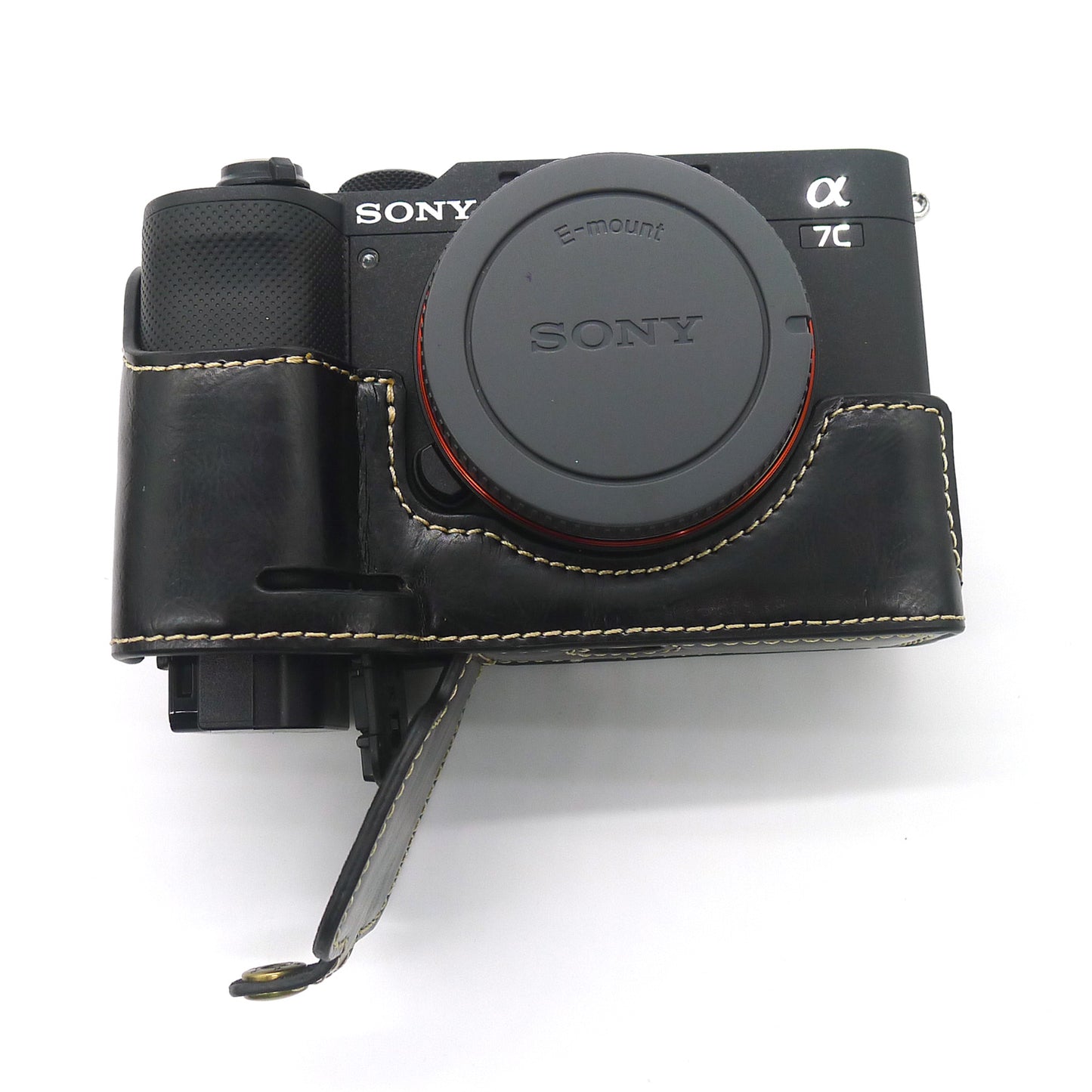 Camera Half Case PU Leather Bottom Protective Cover with Battery Opening for Sony A7C - Black