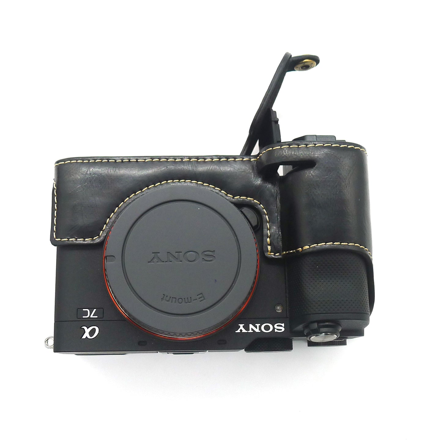 Camera Half Case PU Leather Bottom Protective Cover with Battery Opening for Sony A7C - Black