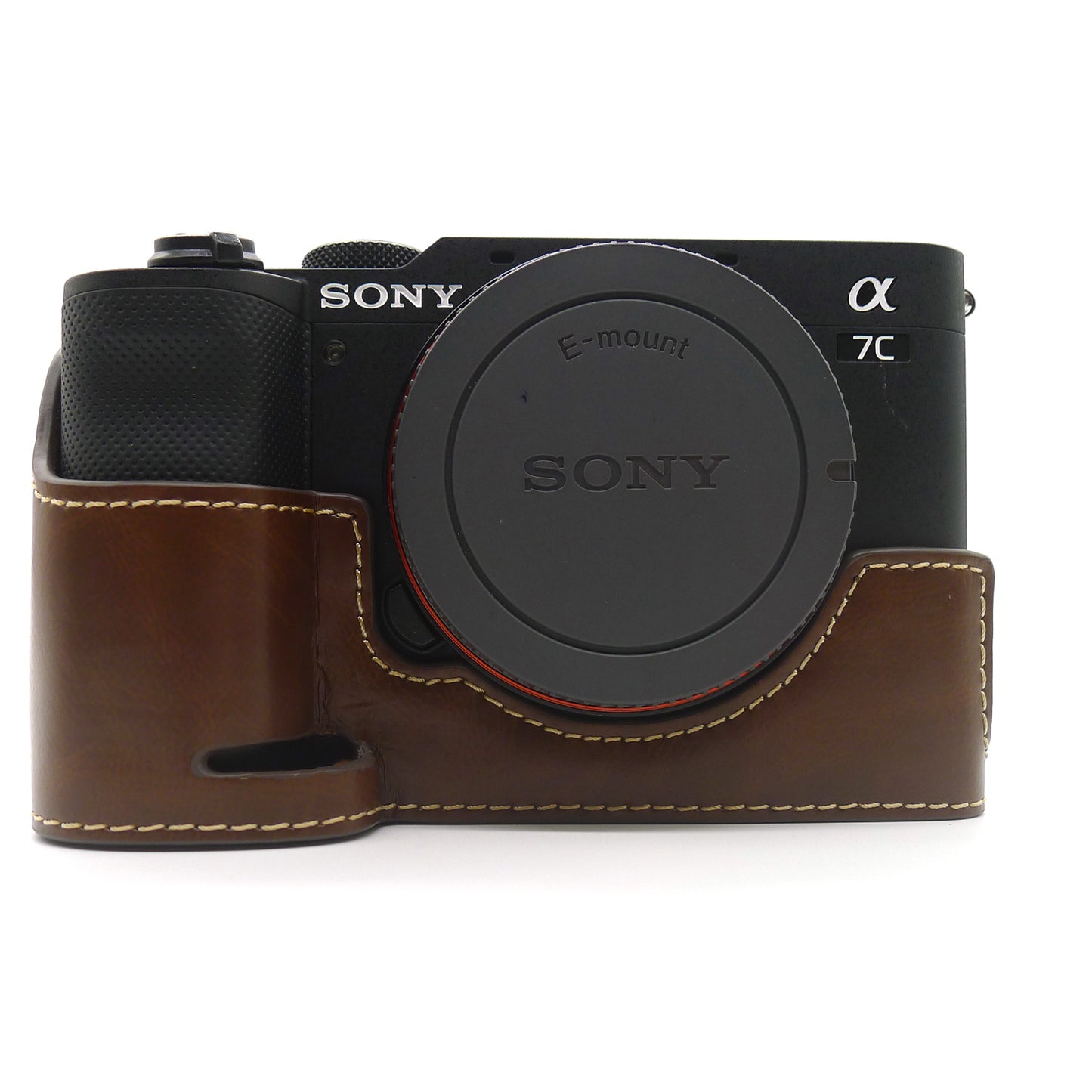 Camera Half Case PU Leather Bottom Protective Cover with Battery Opening for Sony A7C - Coffee