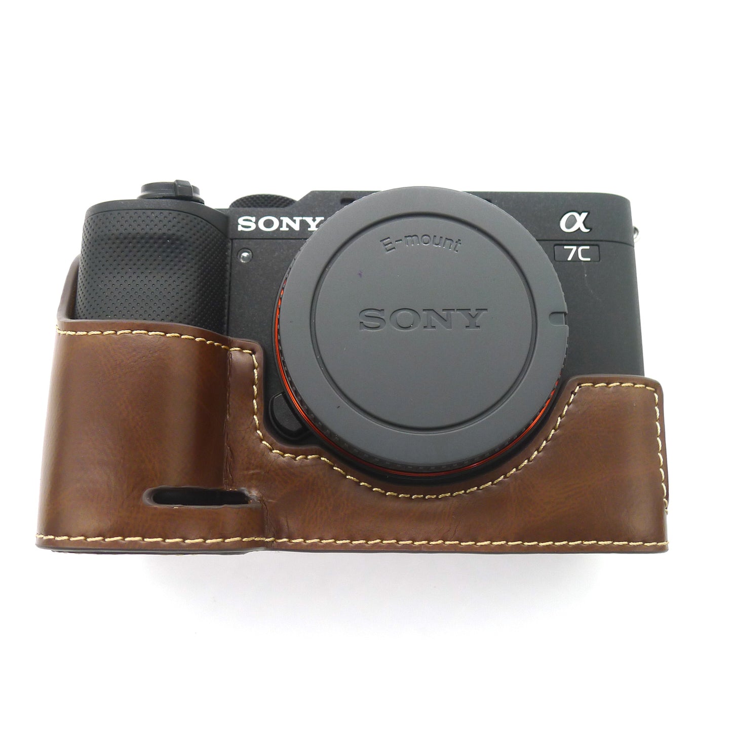 Camera Half Case PU Leather Bottom Protective Cover with Battery Opening for Sony A7C - Coffee