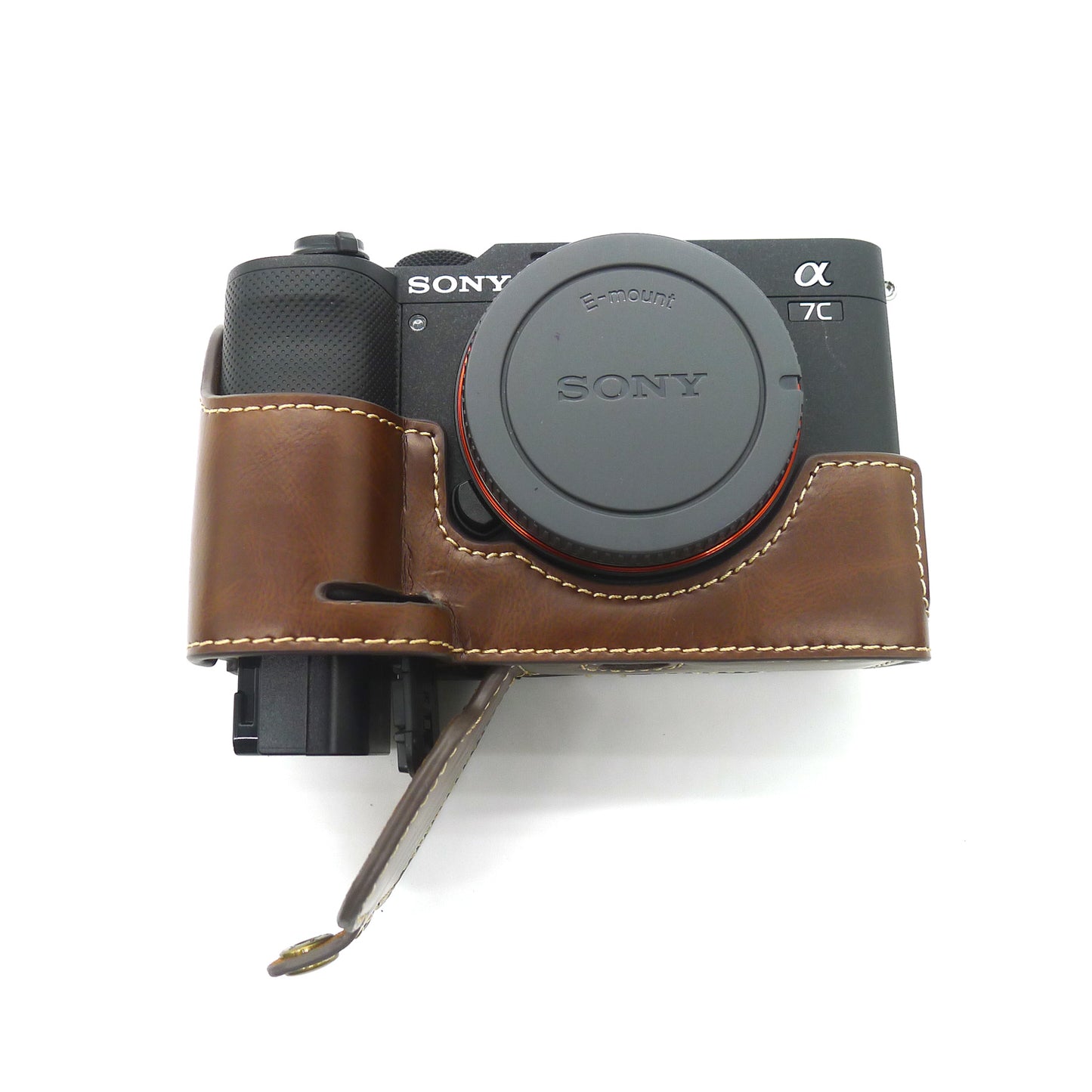 Camera Half Case PU Leather Bottom Protective Cover with Battery Opening for Sony A7C - Coffee