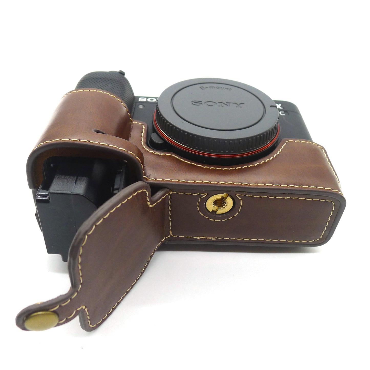 Camera Half Case PU Leather Bottom Protective Cover with Battery Opening for Sony A7C - Coffee