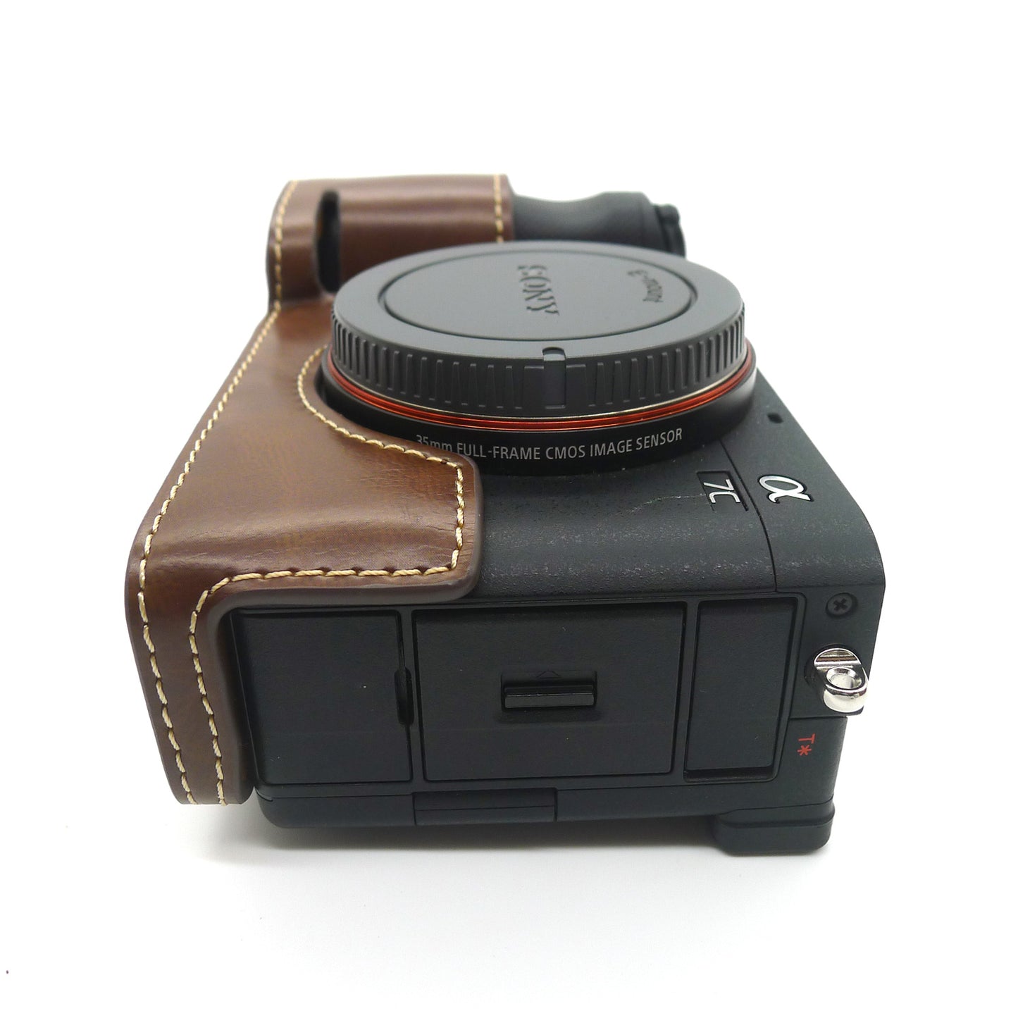 Camera Half Case PU Leather Bottom Protective Cover with Battery Opening for Sony A7C - Coffee