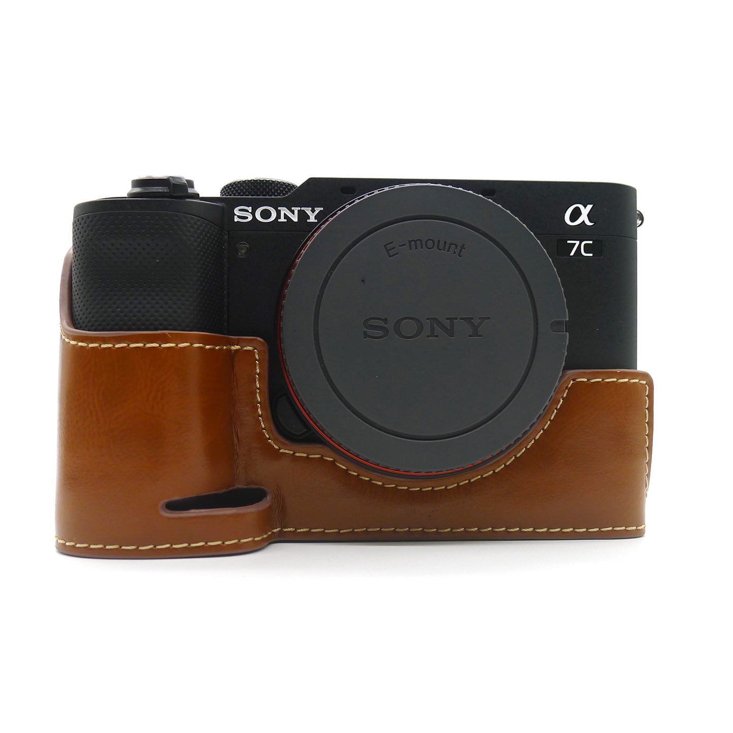 Camera Half Case PU Leather Bottom Protective Cover with Battery Opening for Sony A7C - Brown