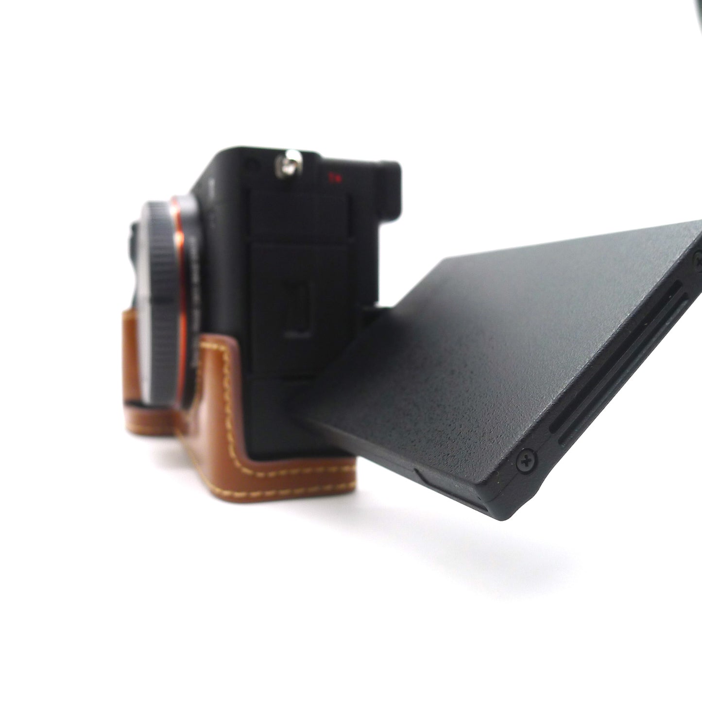 Camera Half Case PU Leather Bottom Protective Cover with Battery Opening for Sony A7C - Brown