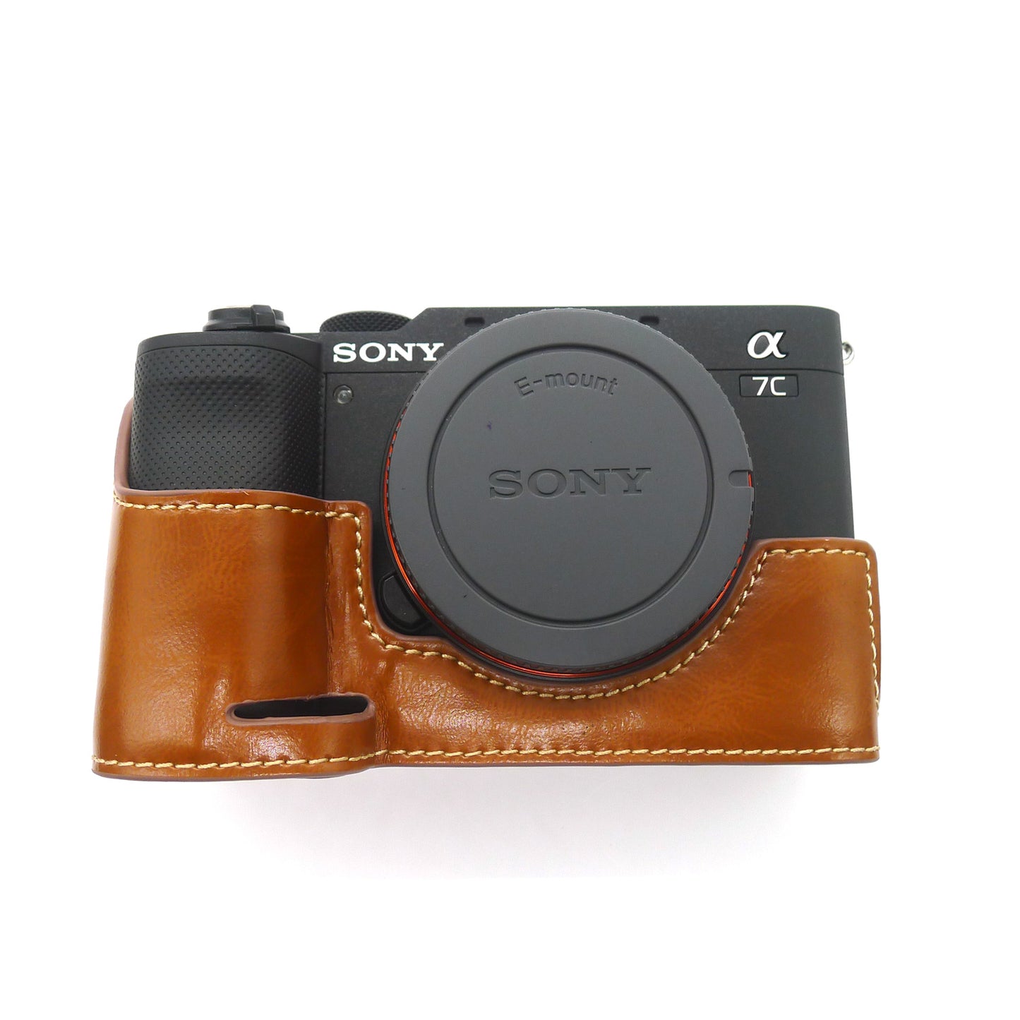 Camera Half Case PU Leather Bottom Protective Cover with Battery Opening for Sony A7C - Brown