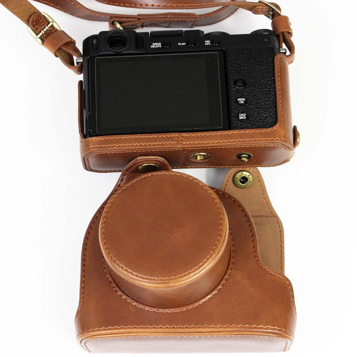 PU Leather Camera Bag Case Lens Protective Cover with Battery Opening Shoulder Strap for Fuji X-E4 - Coffee