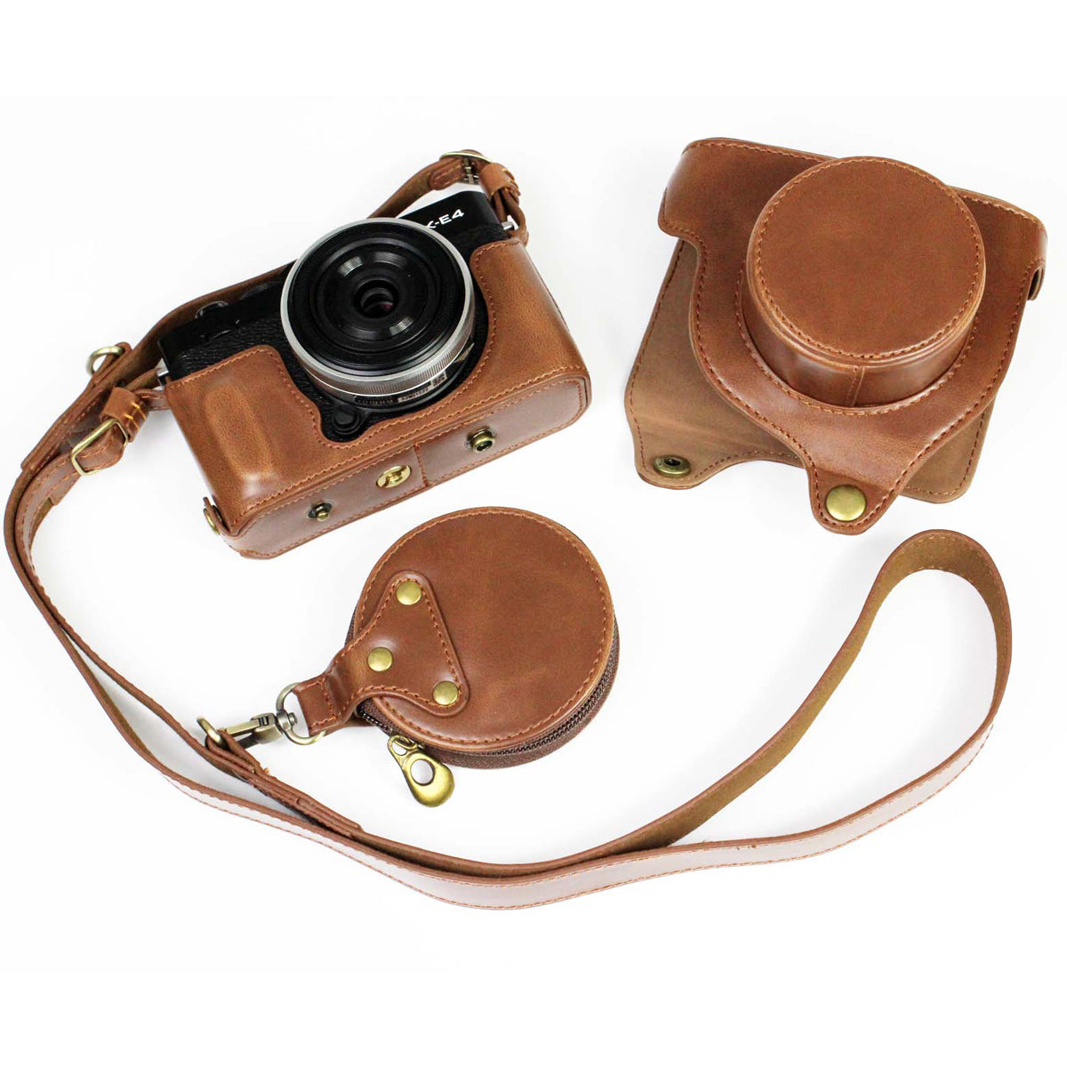 PU Leather Camera Bag Case Lens Protective Cover with Battery Opening Shoulder Strap for Fuji X-E4 - Coffee
