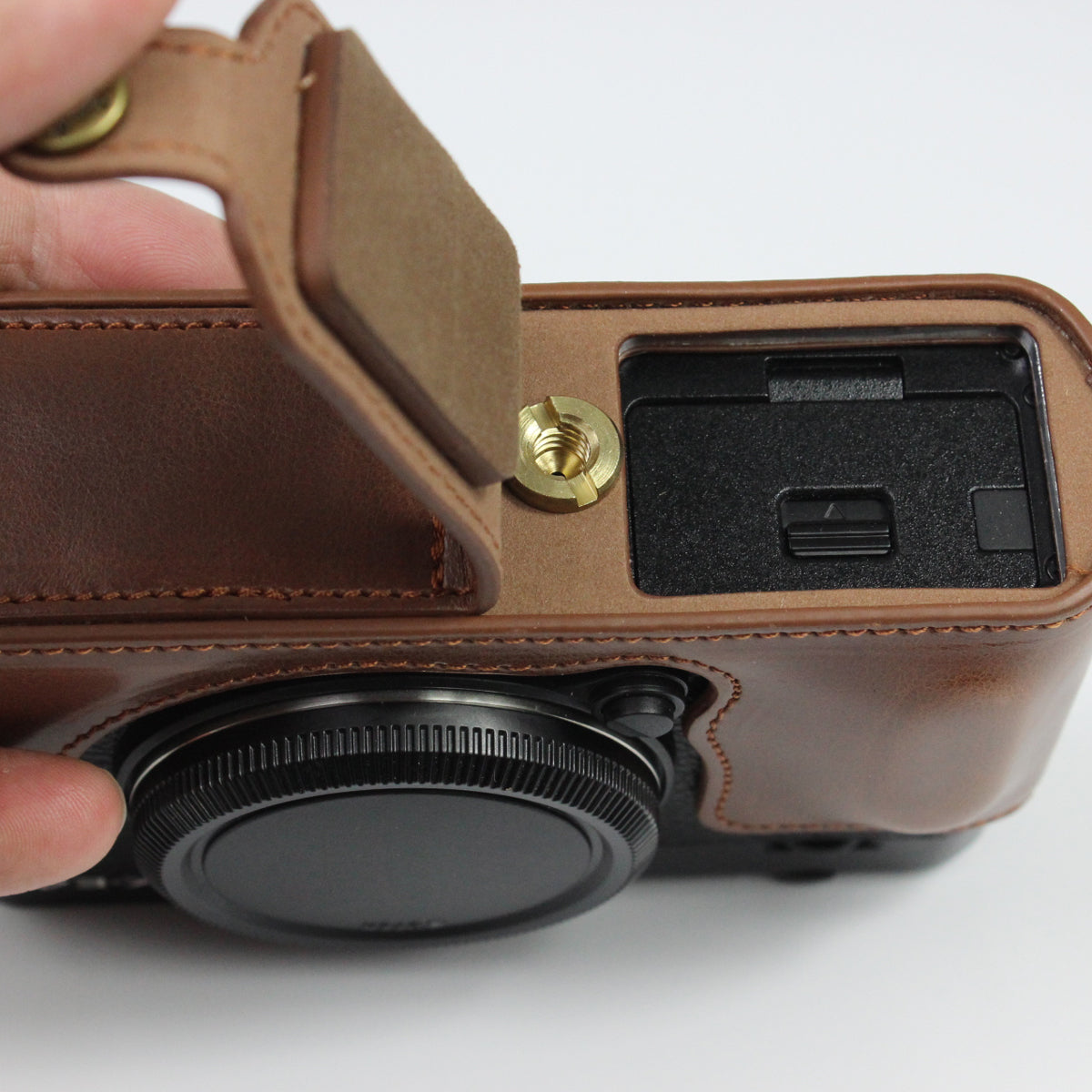 PU Leather Camera Bag Bottom Case Protective Half Body Cover with Battery Opening for Fuji X-E4 - Coffee