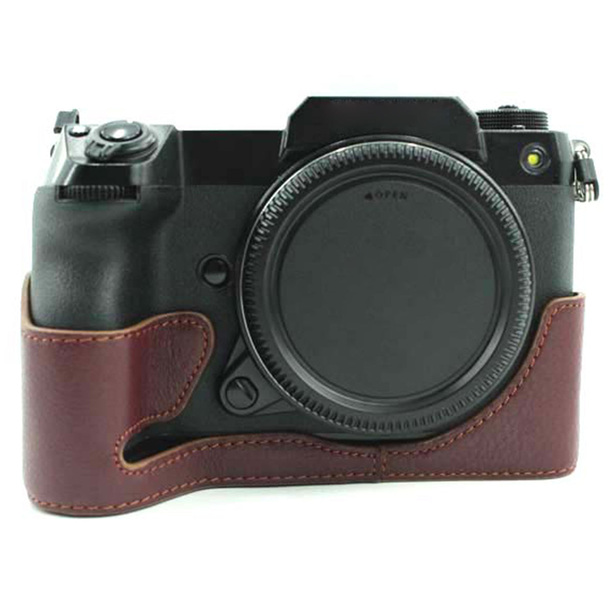 Camera Bottom Case Genuine Leather Protective Half Body Cover with Battery Opening for Fuji GFX 100S - Coffee