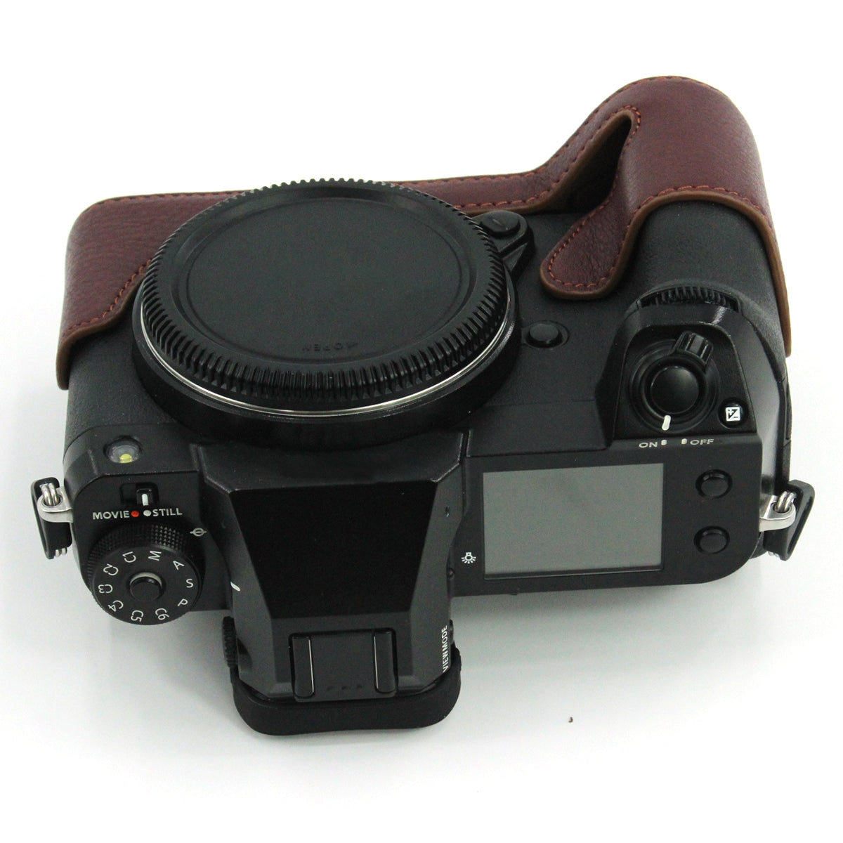 Camera Bottom Case Genuine Leather Protective Half Body Cover with Battery Opening for Fuji GFX 100S - Coffee