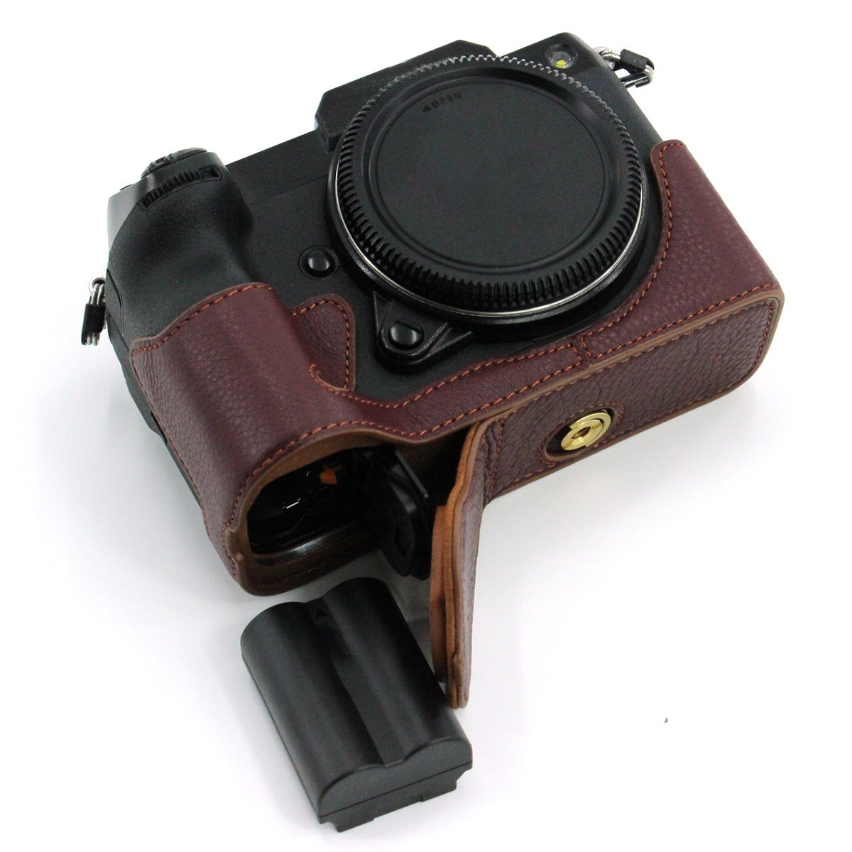Camera Bottom Case Genuine Leather Protective Half Body Cover with Battery Opening for Fuji GFX 100S - Coffee