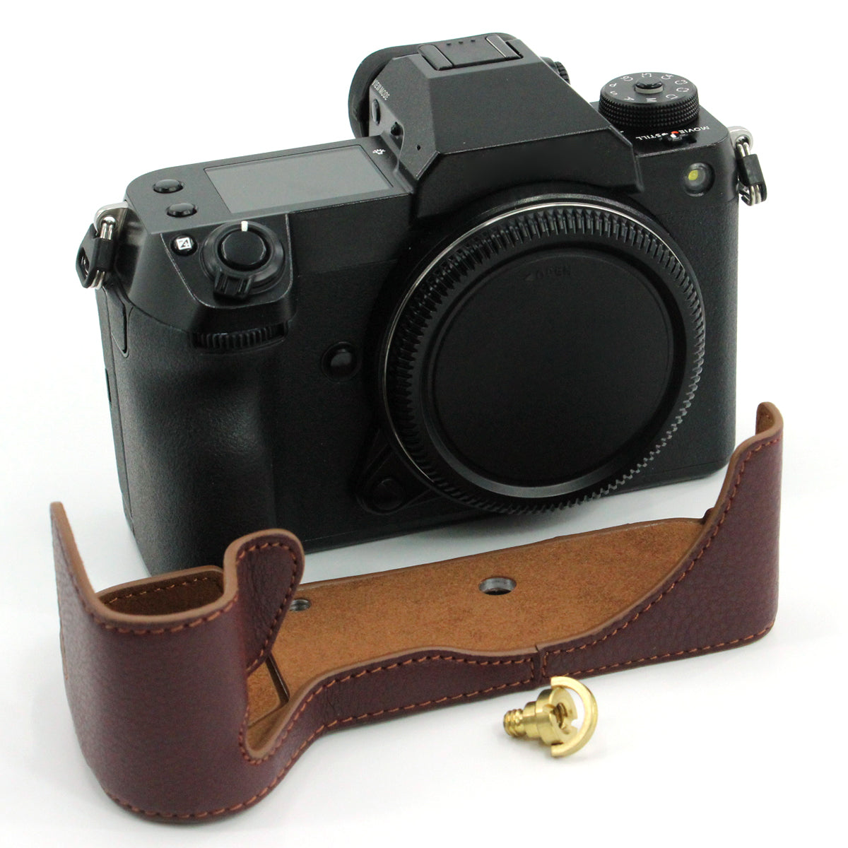 Camera Bottom Case Genuine Leather Protective Half Body Cover with Battery Opening for Fuji GFX 100S - Coffee