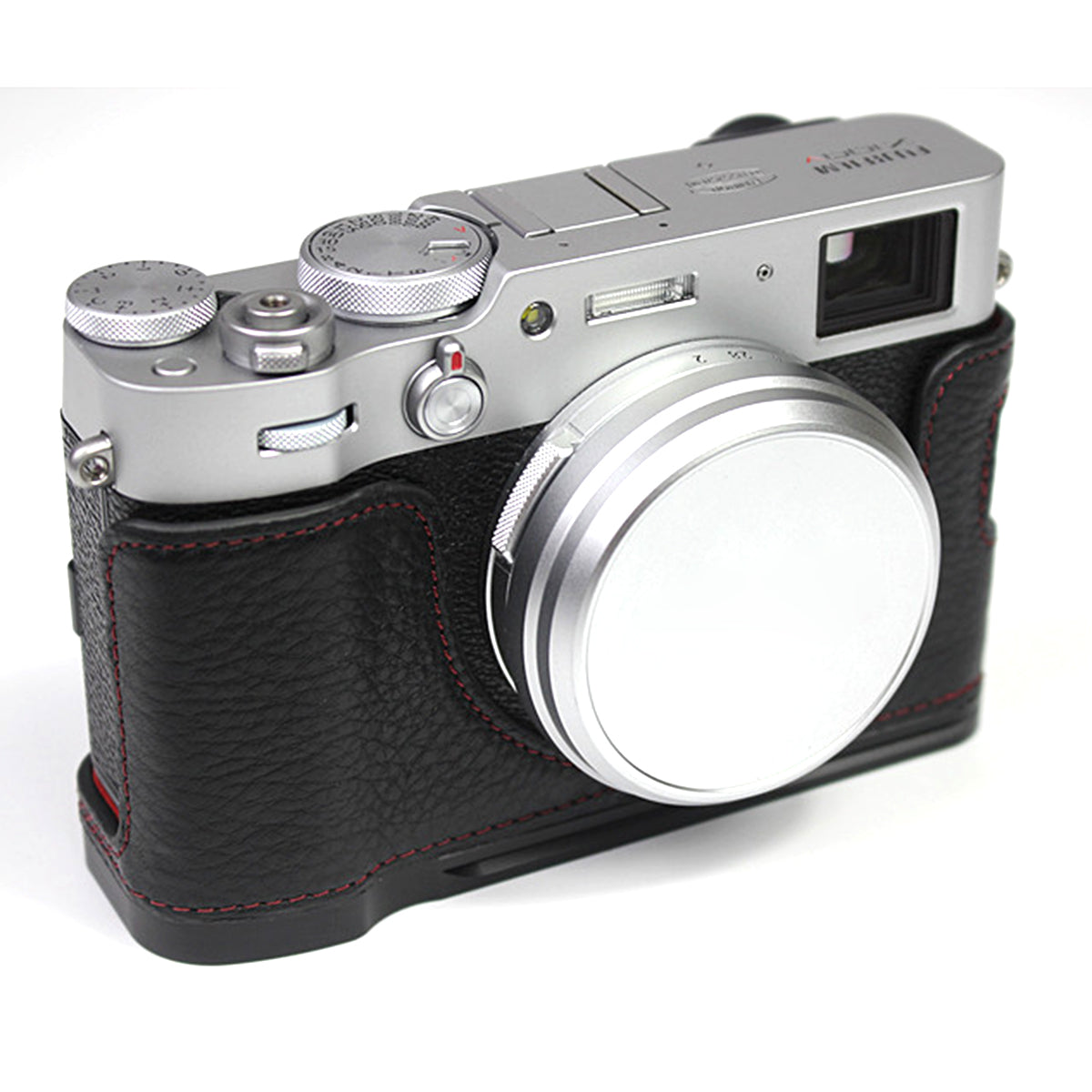 Genuine Leather Camera Half Body Cover Bottom Case Quick Release Plate Set for Fuji X100V - Litchi Texture Black