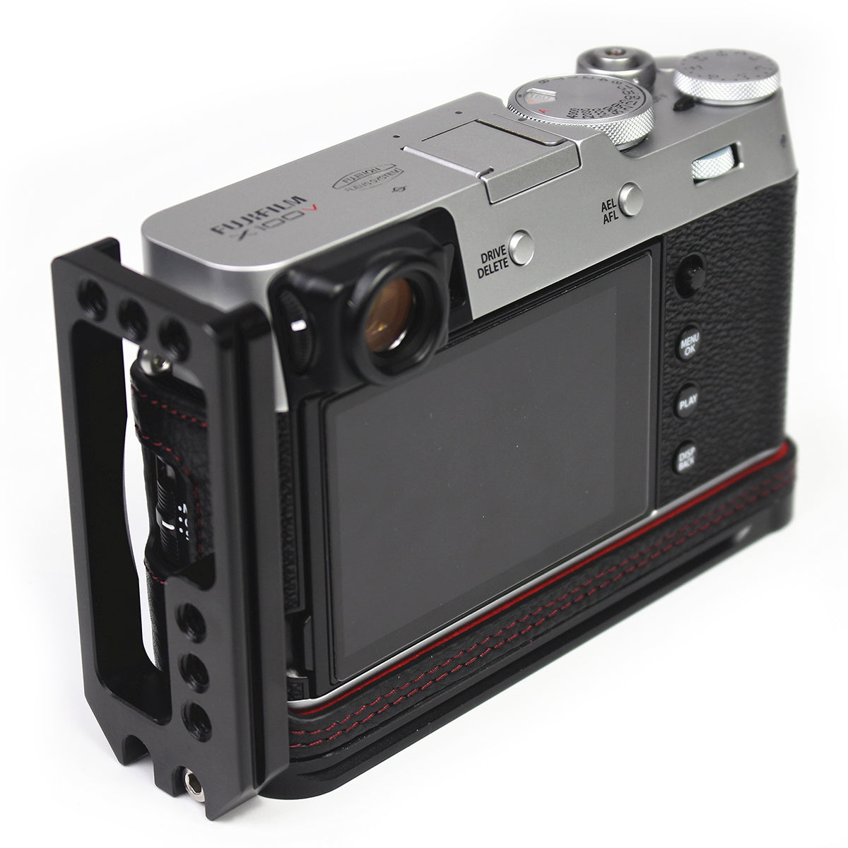 Genuine Leather Camera Half Body Cover Bottom Case Quick Release Plate Set for Fuji X100V - Litchi Texture Black