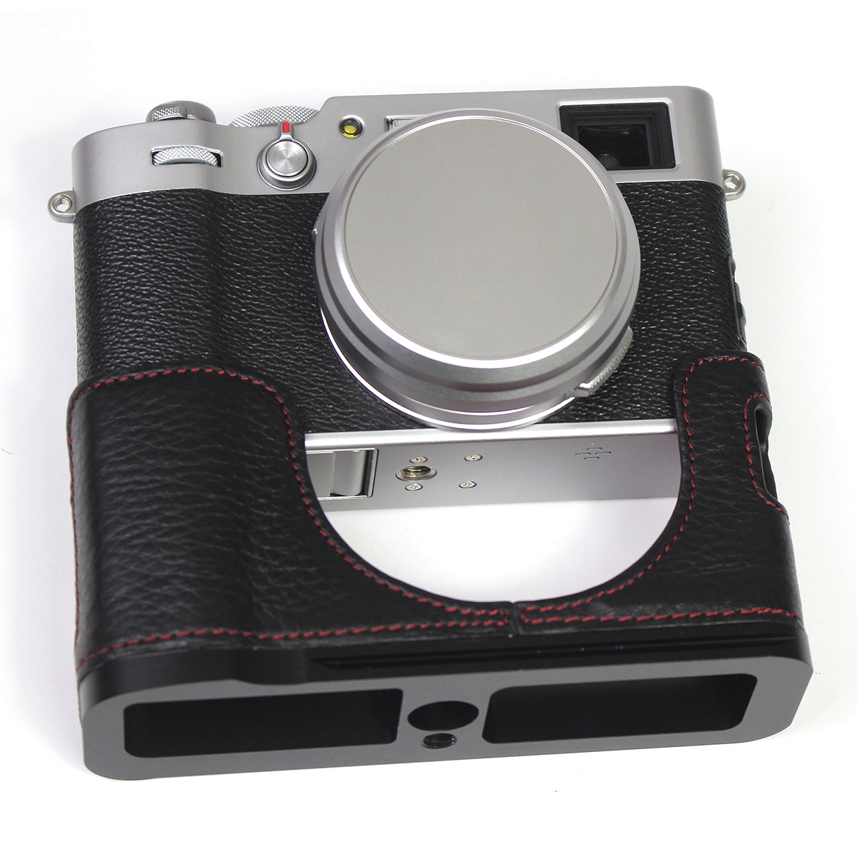 Genuine Leather Camera Half Body Cover Bottom Case Quick Release Plate Set for Fuji X100V - Litchi Texture Black