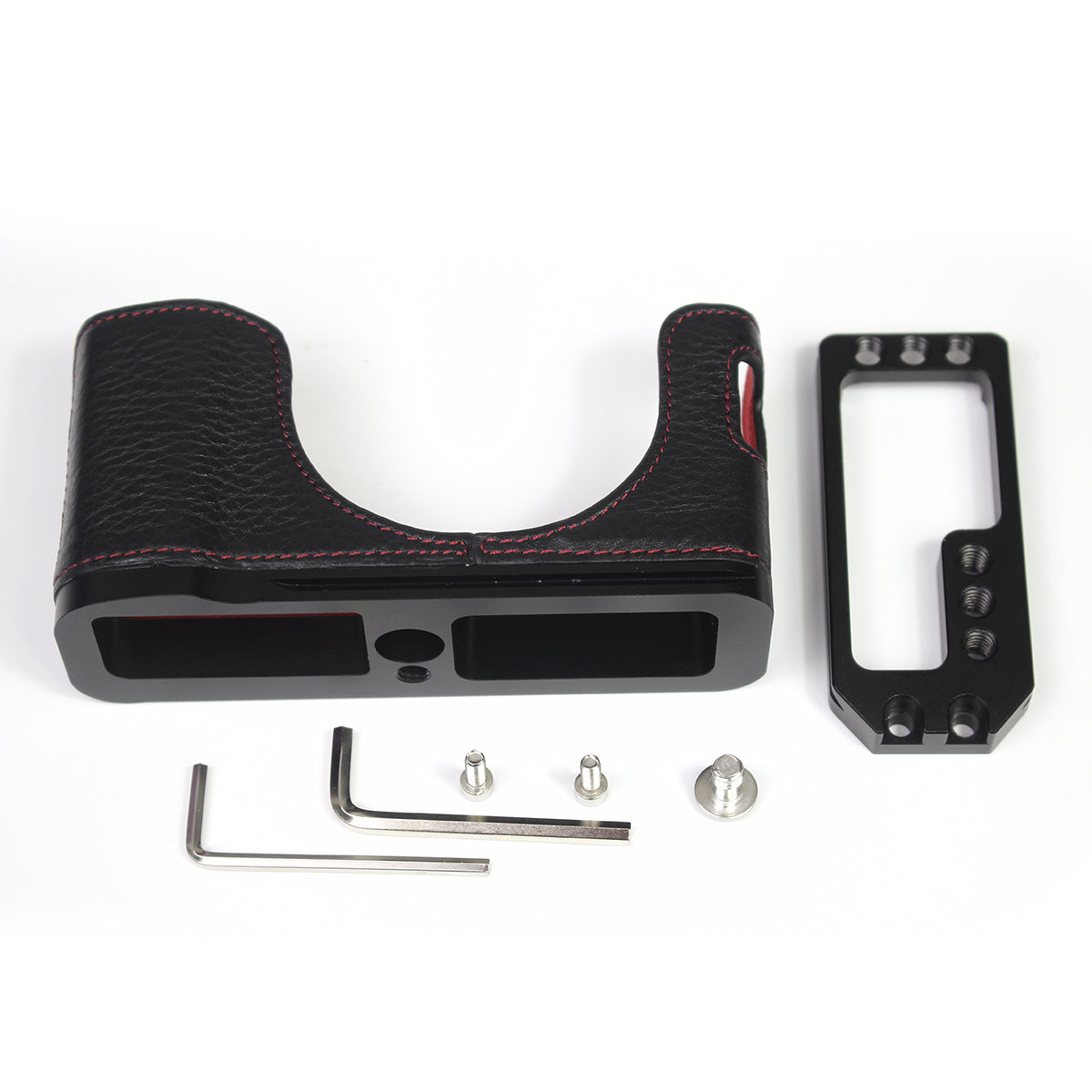 Genuine Leather Camera Half Body Cover Bottom Case Quick Release Plate Set for Fuji X100V - Litchi Texture Black