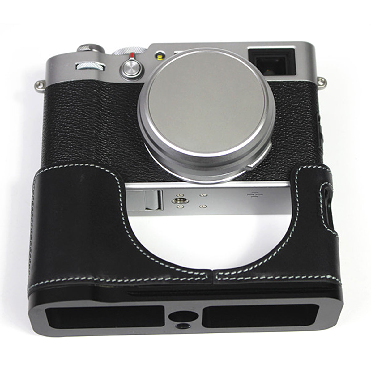 Genuine Leather Camera Half Body Cover Bottom Case Quick Release Plate Set for Fuji X100V - Black