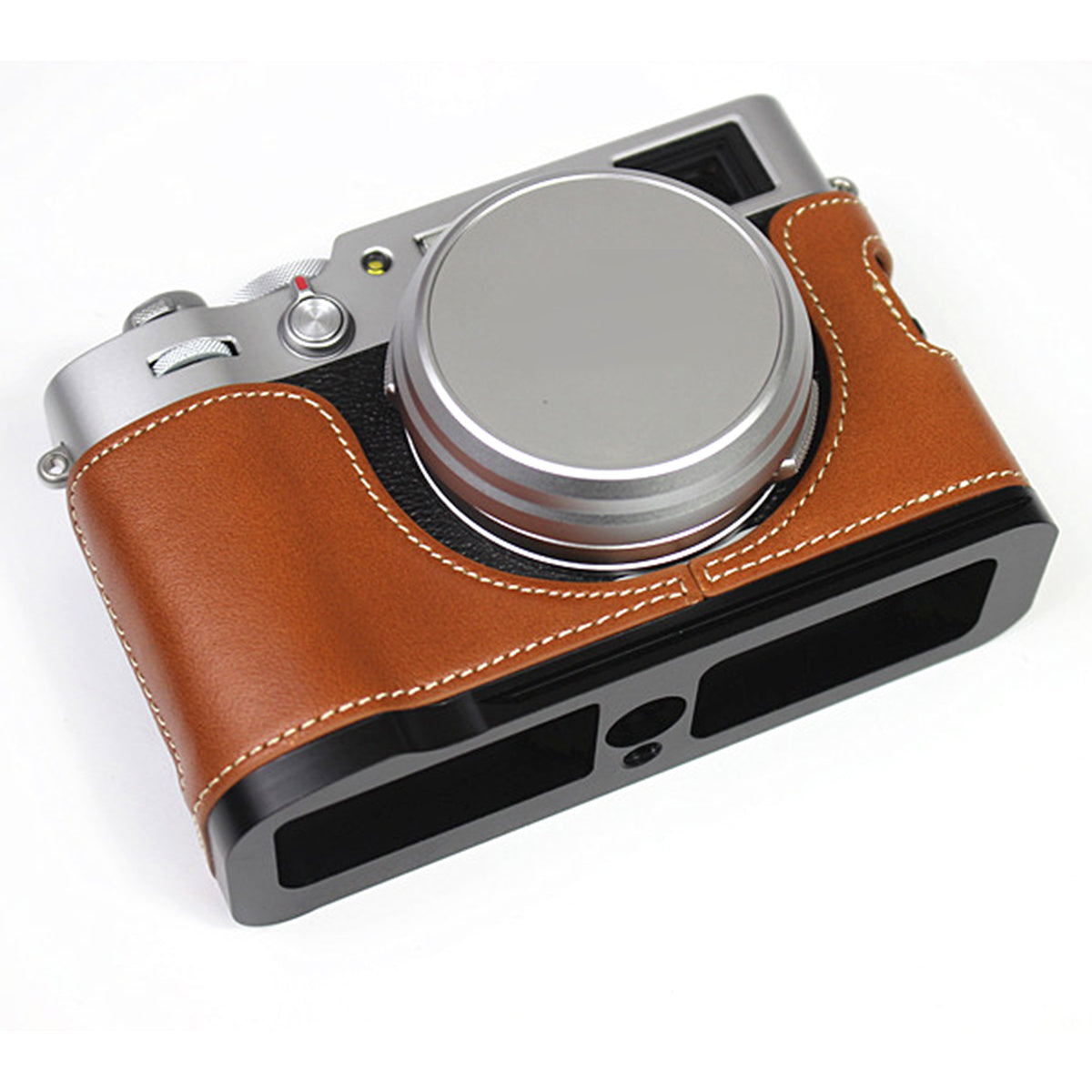 Genuine Leather Camera Half Body Cover Bottom Case Quick Release Plate Set for Fuji X100V - Brown